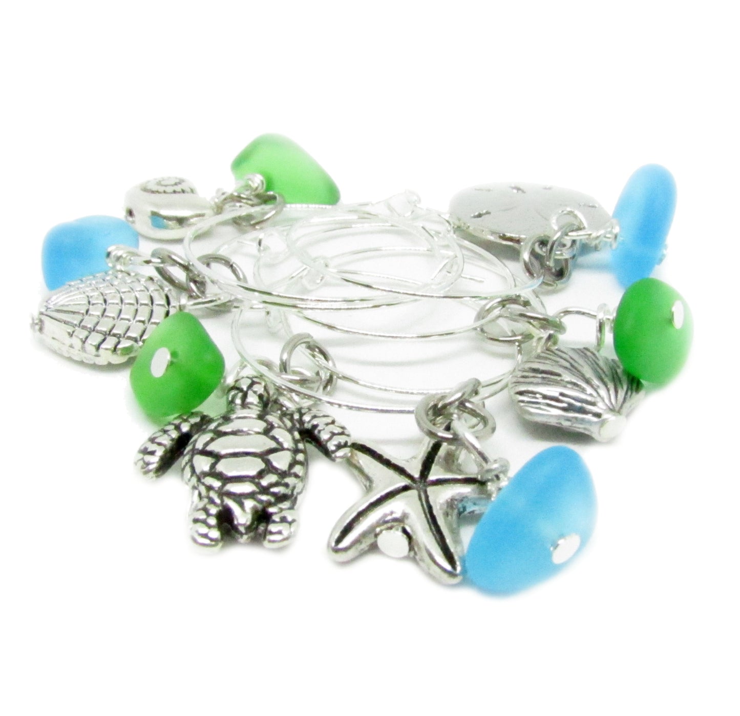 Sea Glass Wine Glass Charms – Nautical Beach Hostess Gift with Sea Turtle & Starfish, Set of 6