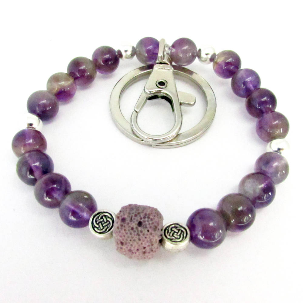 Purple Keychain Bracelet – Aromatherapy Lava Bead Wristlet, Boho Yoga & Zen Gift for Her