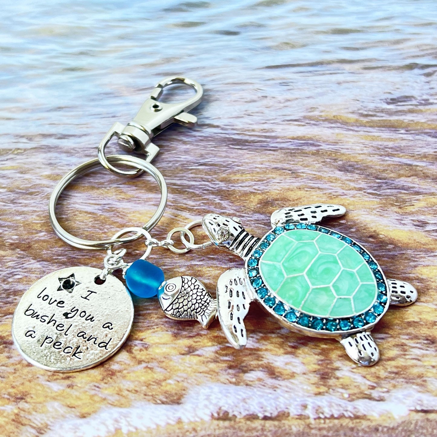 Sea Turtle Keychain with Love Quote Charm – Enamel Ocean Purse Charm & Nautical Keyring Gift