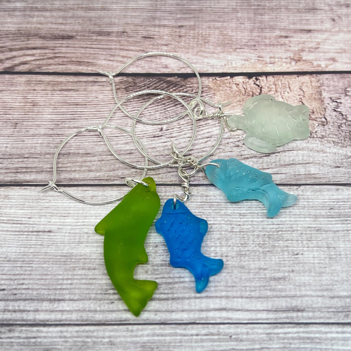 Sea Glass Wine Glass Charms – Coastal Drink Markers, Beach Party Decor, Set of 4