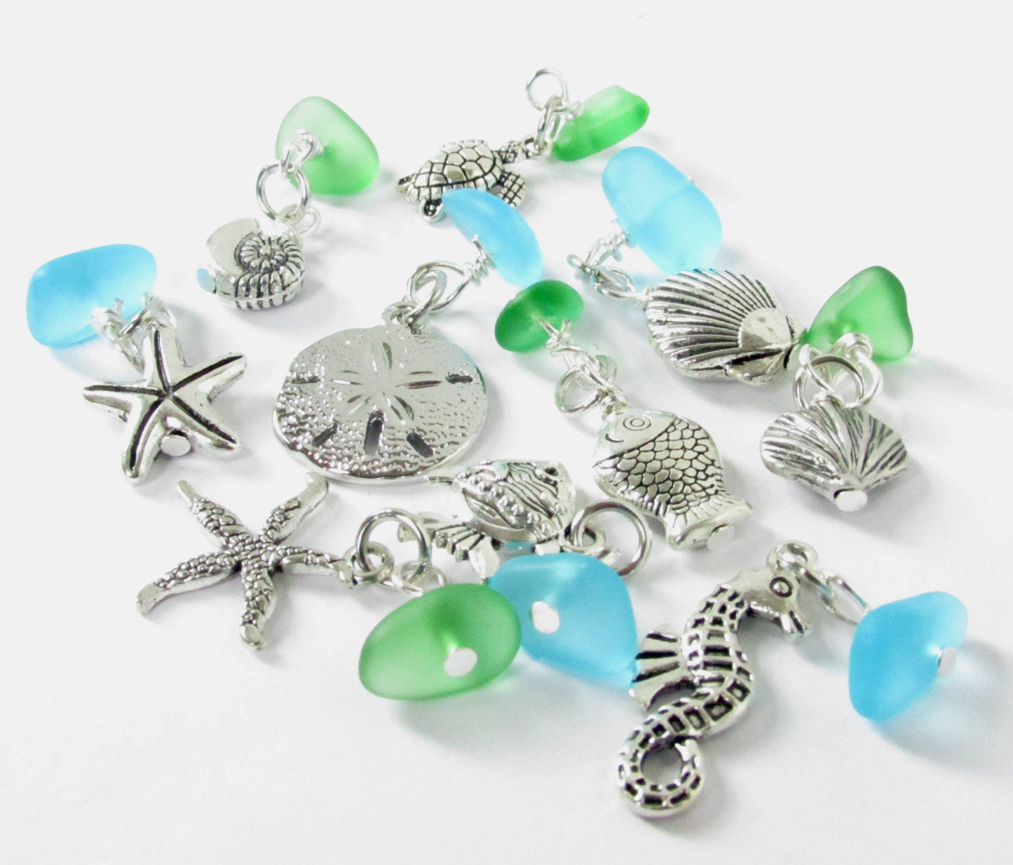 Sea Glass Wine Charm Set – Nautical Beach Charms with Starfish, Turtle & Shell, Set of 10
