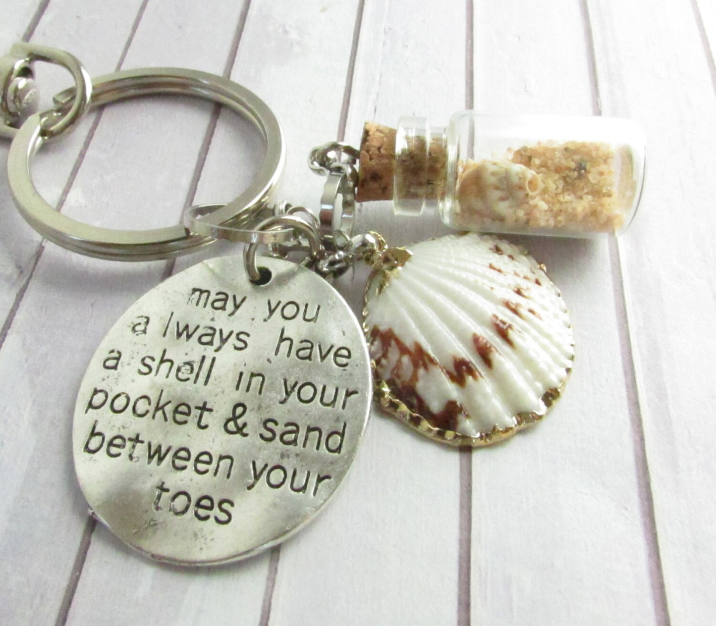 Seashell Keychain – Mermaid Charm, Beach Sand Bottle & Quote (Keychain or Car Charm)