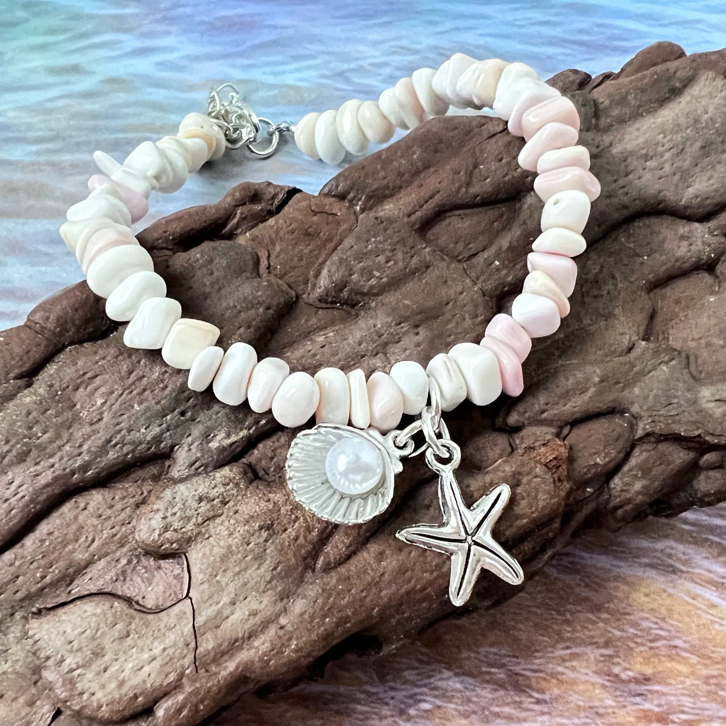 Pink Shell Bracelet – Starfish Charm & Pearl Beads, Natural Coastal Beach Jewelry for Her