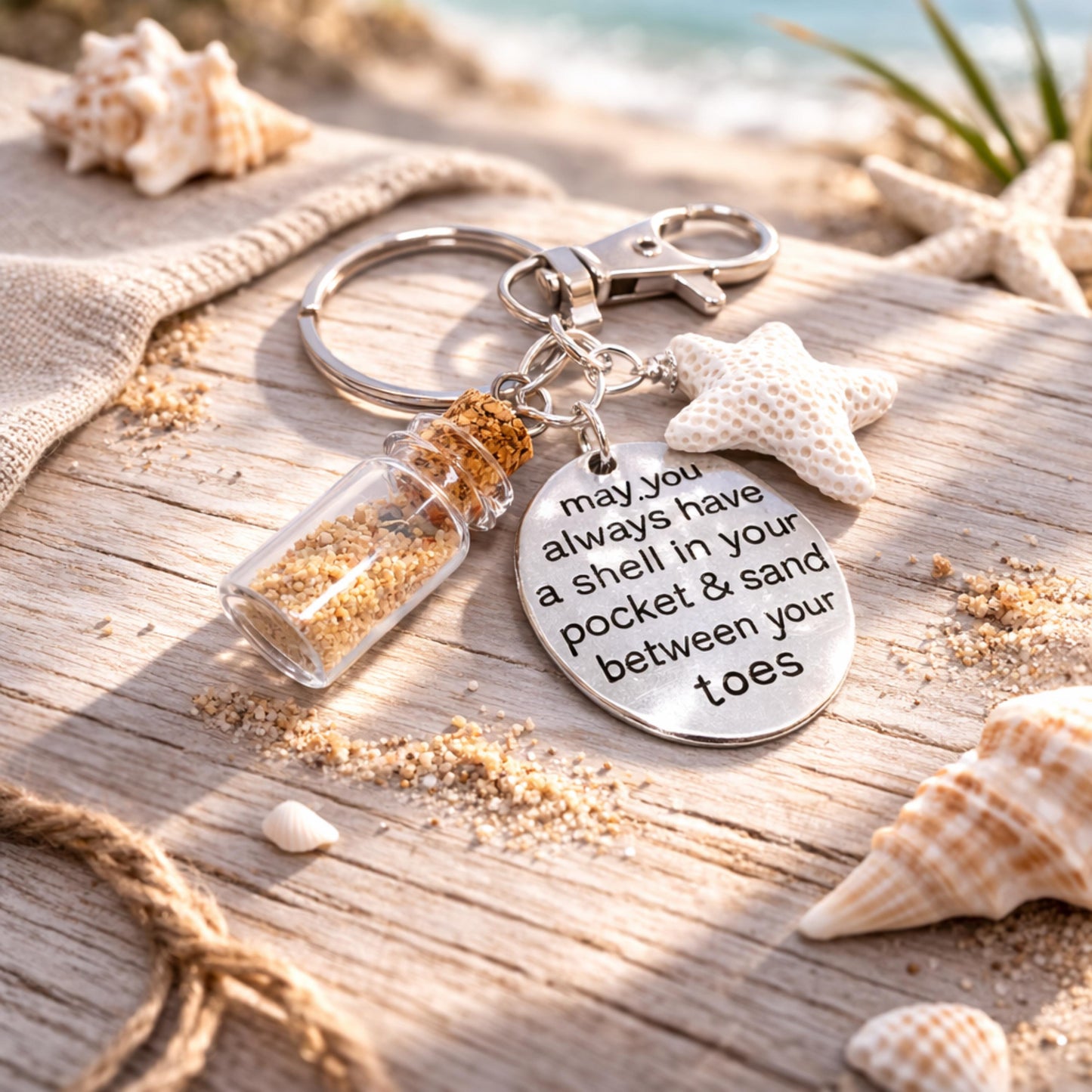 Beach Bottle Keychain – Sand Vial, Starfish Charm & Inspirational Quote, Coastal Ocean Gift