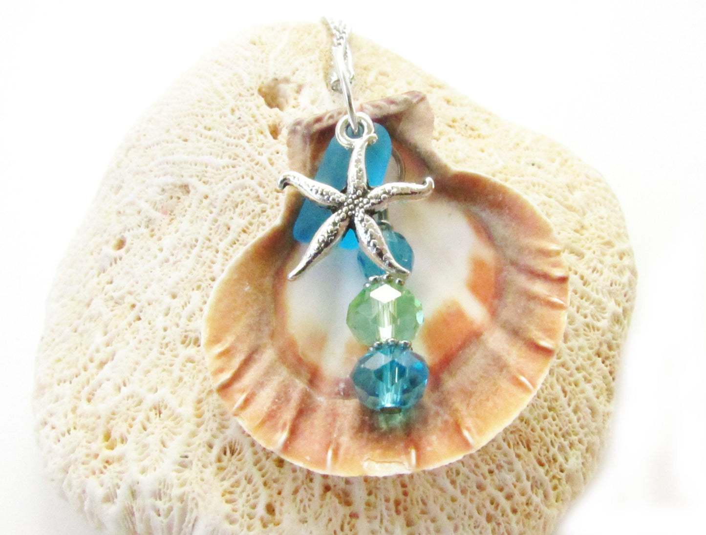 Sea Shell Rearview Mirror Charm: Starfish, Sea Glass & Crystal Car Ornament