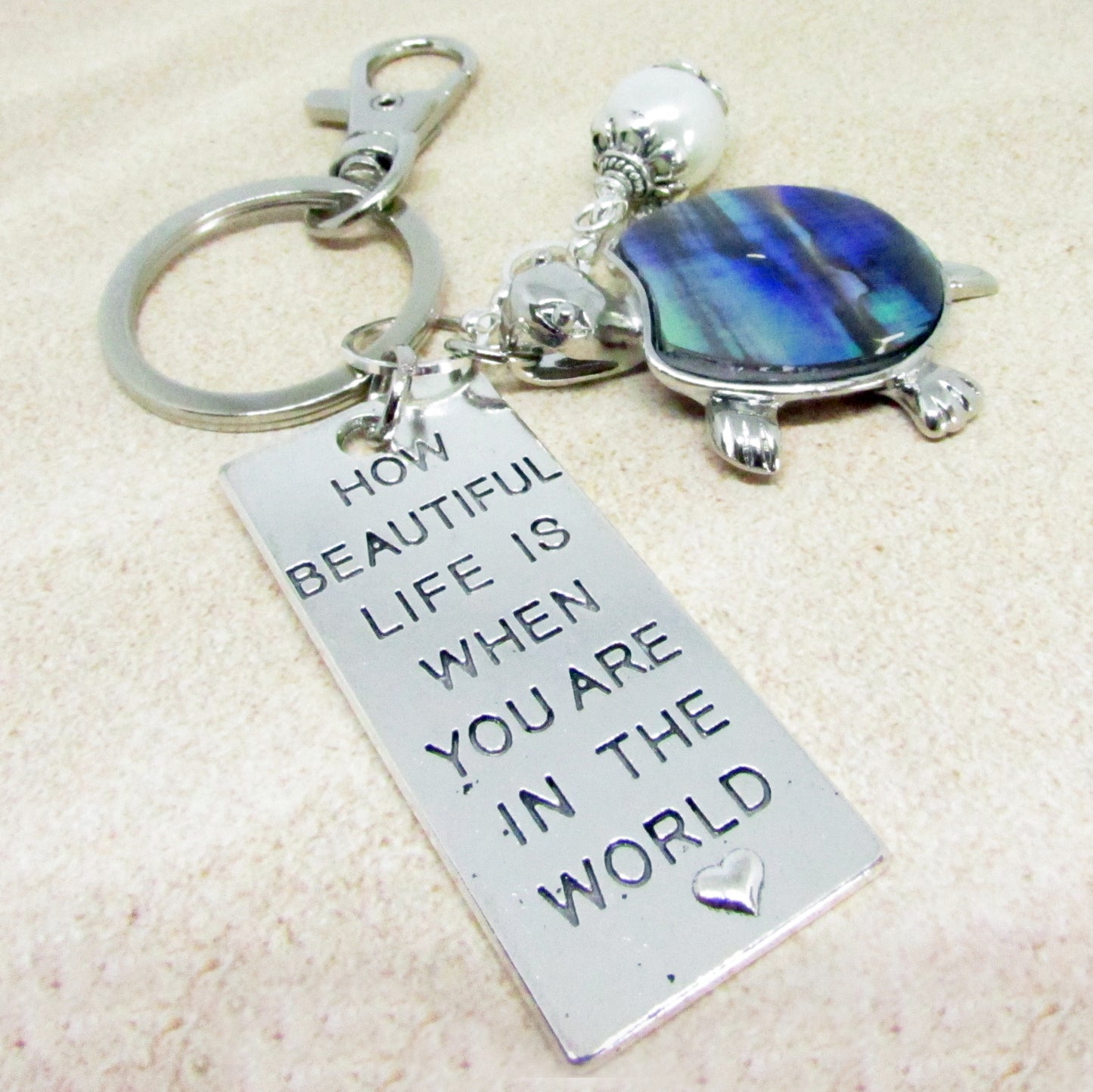 Sea Turtle Keychain – Abalone Shell Beach Keyring, Ocean Lover Gift
