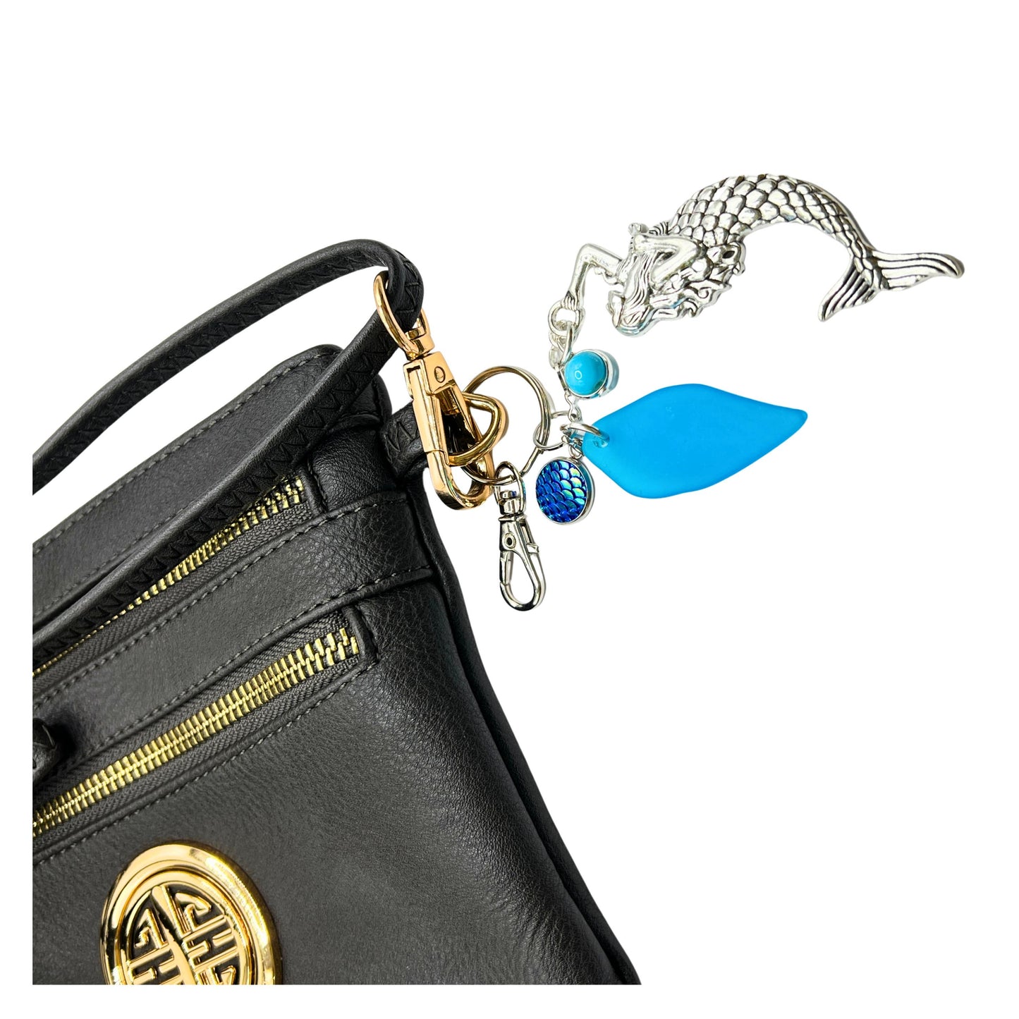 Mermaid Keychain – Large Silver Charm & Blue Sea Glass, Coastal Purse Charm (Keychain or Car Charm)