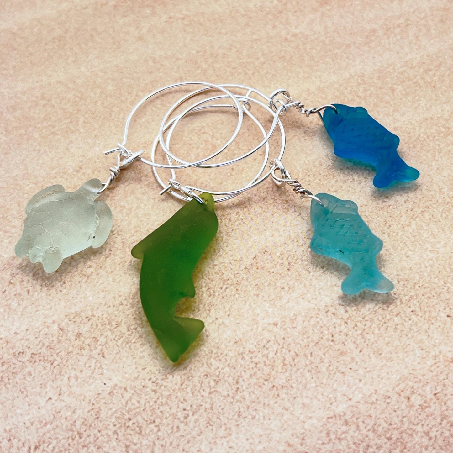 Sea Glass Wine Glass Charms – Coastal Drink Markers, Beach Party Decor, Set of 4