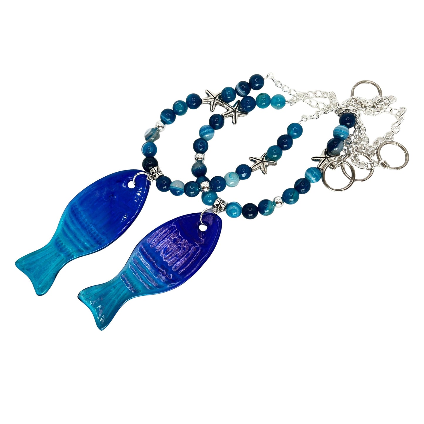 Blue Glass Fish Curtain Tiebacks – Ombre Beaded Nautical Beach Home Decor, Handmade Set of 2
