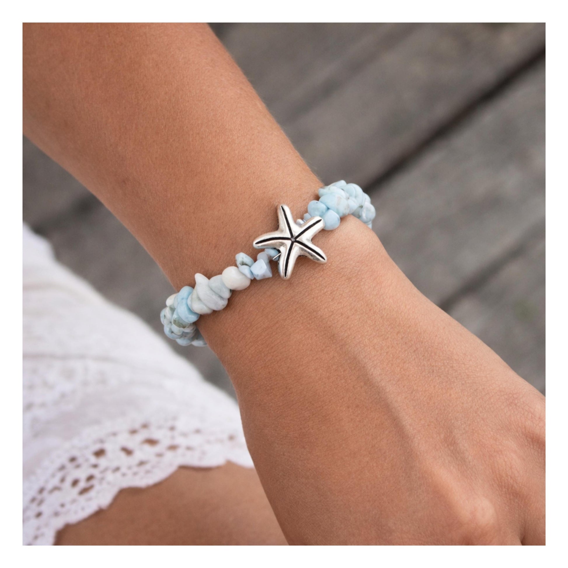 Larimar chip bracelet with starfish charm — handmade spiritual chakra coastal jewelry