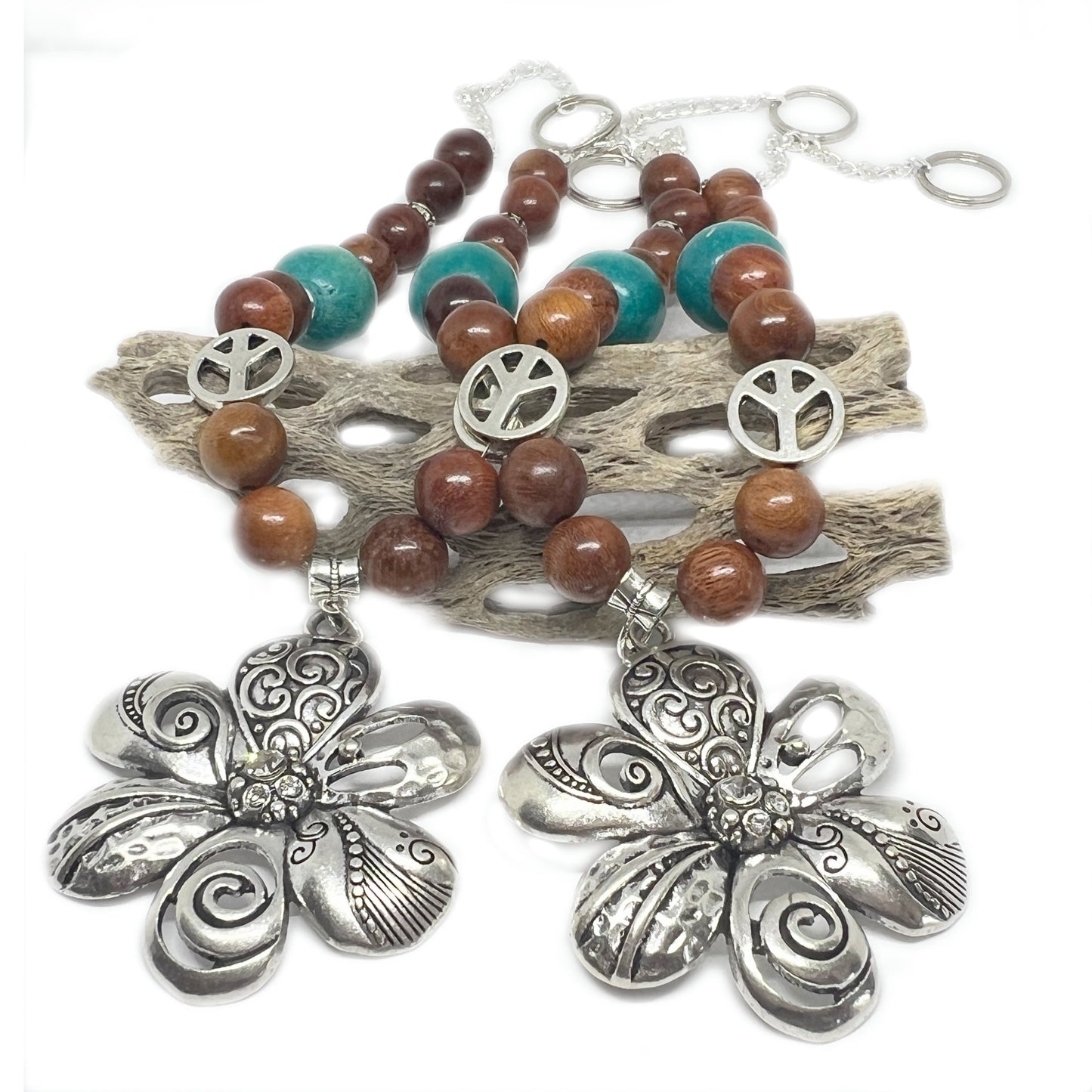 Boho Flower Curtain Tiebacks – Wood Beads & Turquoise, Retro Bohemian Home Decor Set of 2