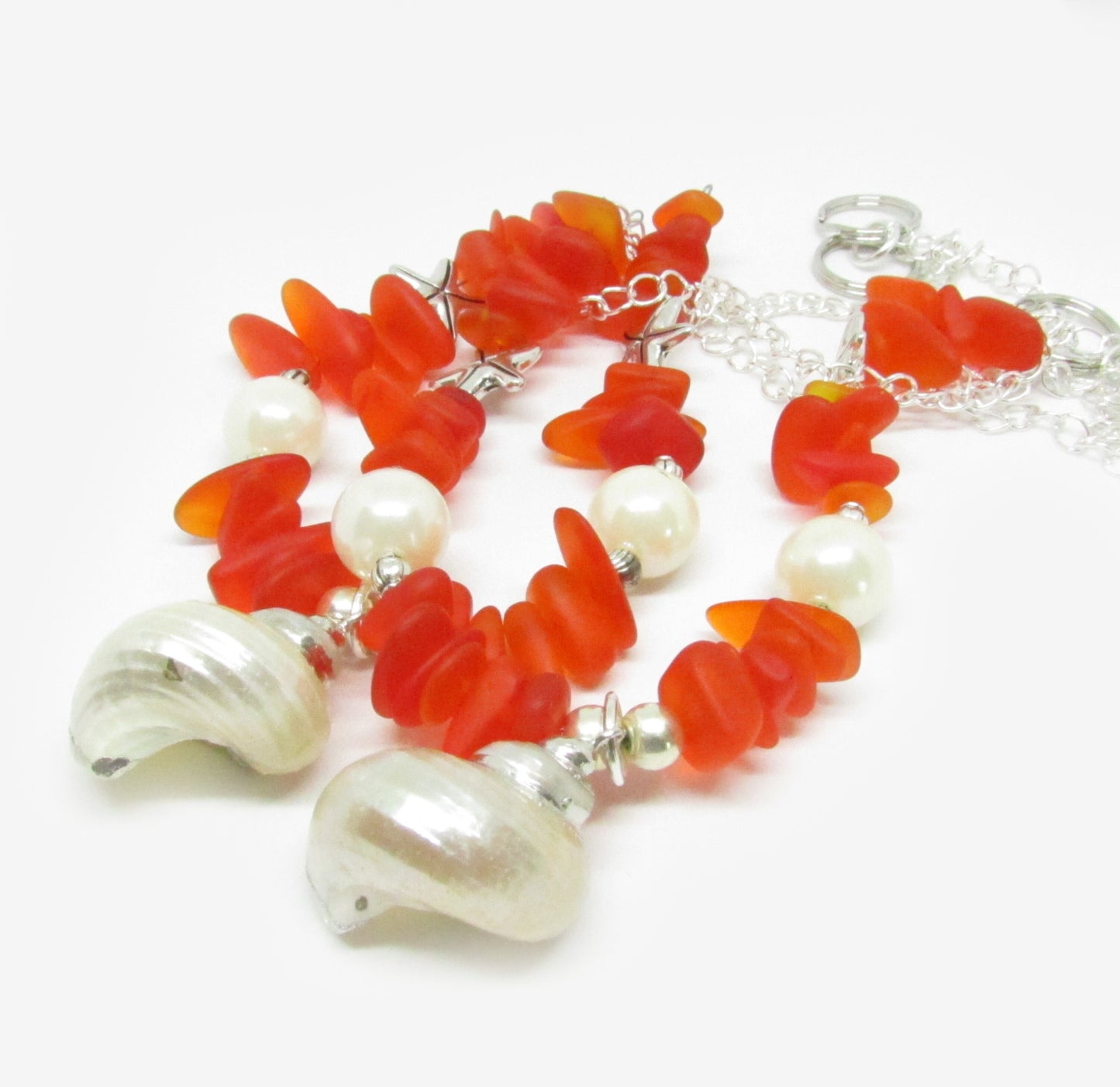 Coastal curtain tieback set of 2 with natural shell focal, sea glass beads and starfish charms, 18 inch beach home decor