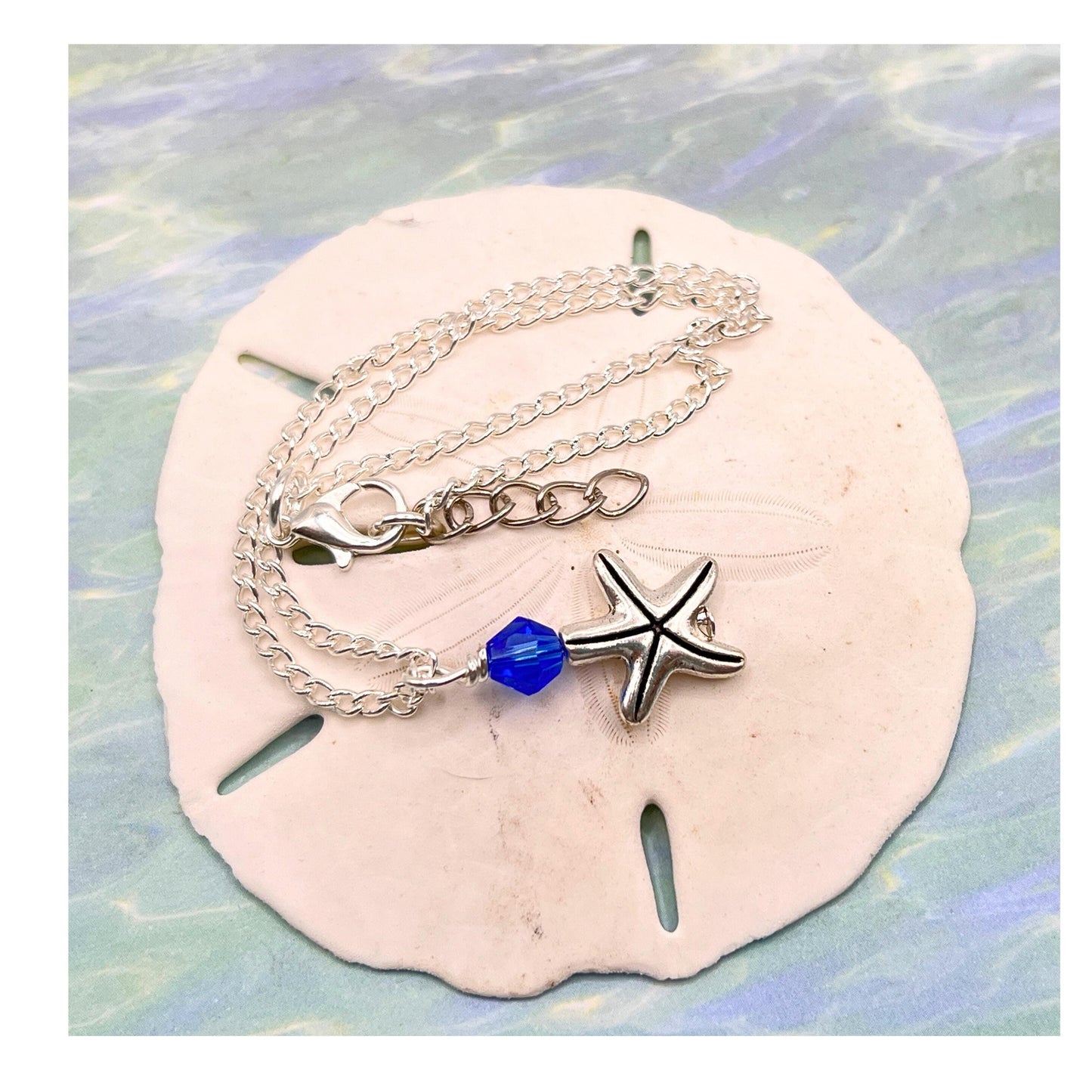 Starfish Anklet: Dainty Silver Chain with Blue Crystal Charm