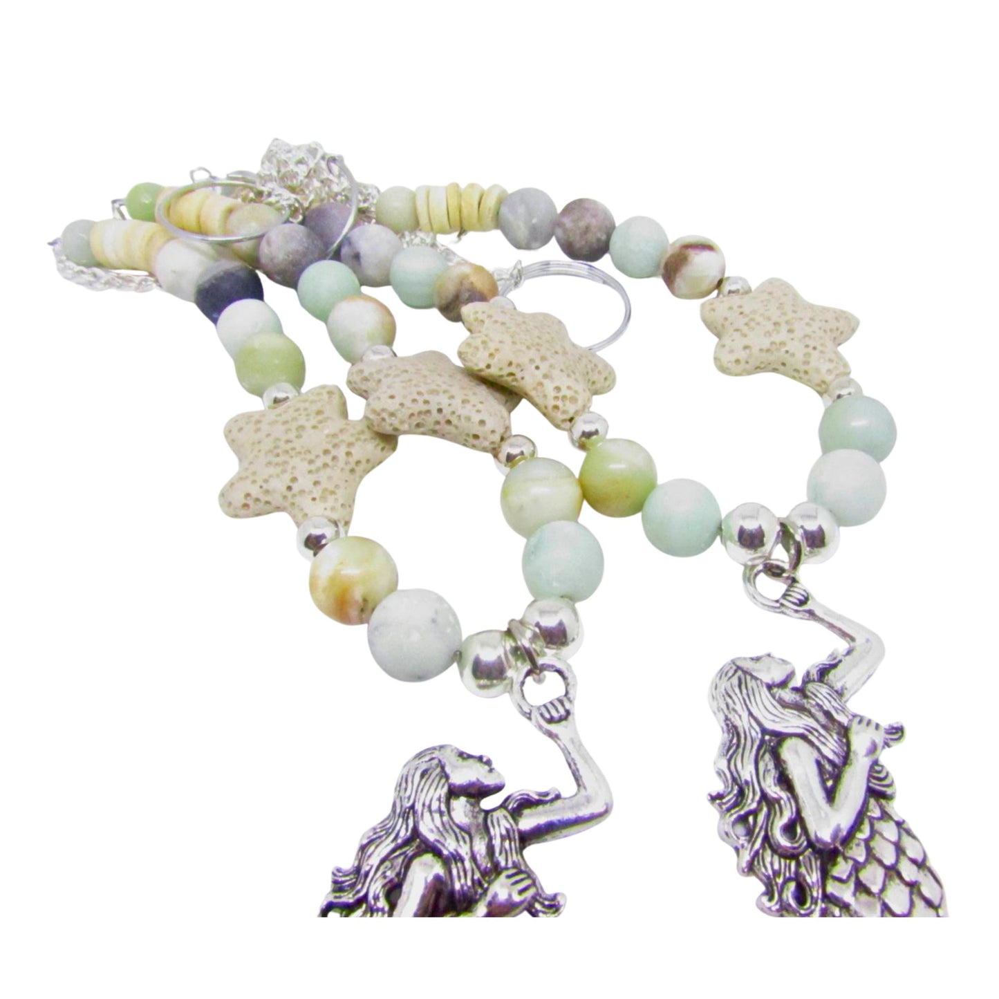 Mermaid Curtain Tiebacks – Amazonite Stone & Lava Bead Aromatherapy Diffuser, Coastal Set of 2