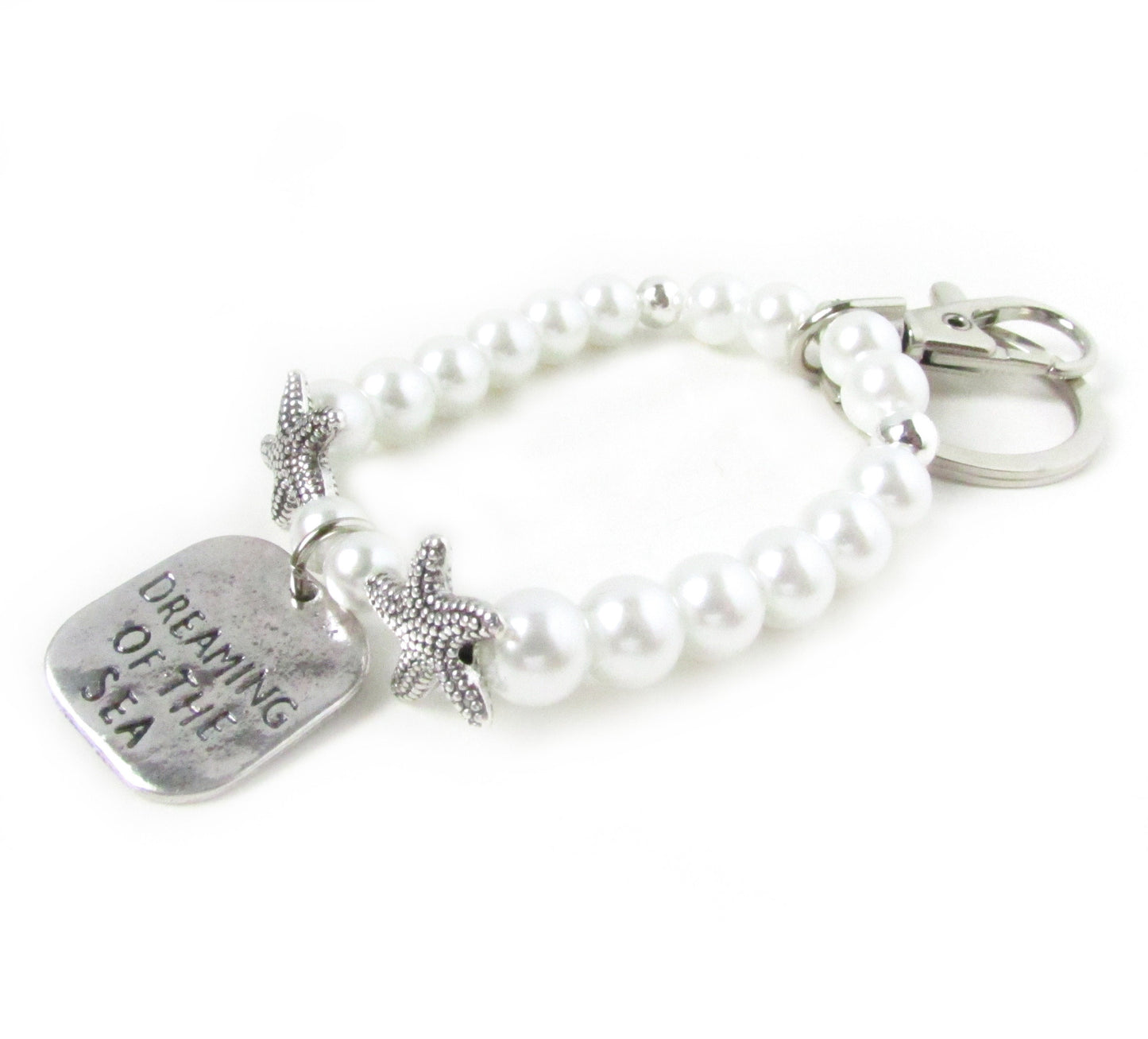 Pearl Bracelet Keychain – Starfish Charms & Beach Quote Wristlet, Elegant Coastal Gift for Her