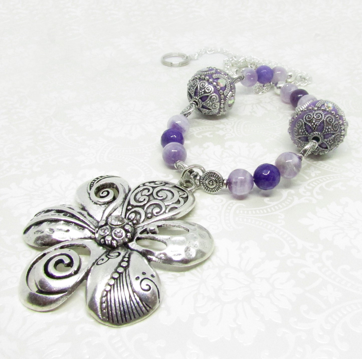 Purple Flower Curtain Tiebacks – Amethyst Bead Shabby Chic Window Decor, Handmade Set of 2