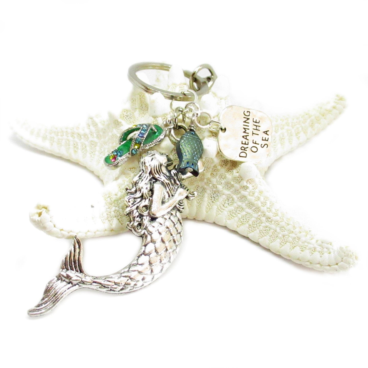Mermaid Keychain – Enamel Mermaid, Flip Flop & Glass Fish Bead, Nautical Beach Gift for Her