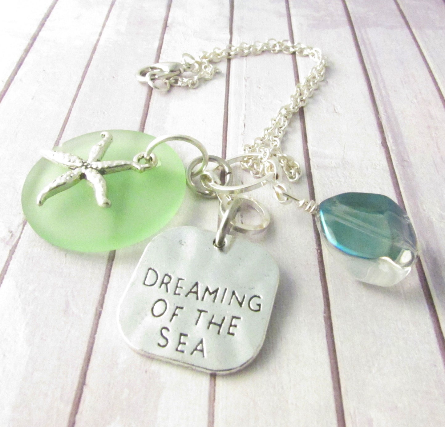 Starfish Car Charm – Sea Glass Rear View Mirror Ornament with Beach Quote