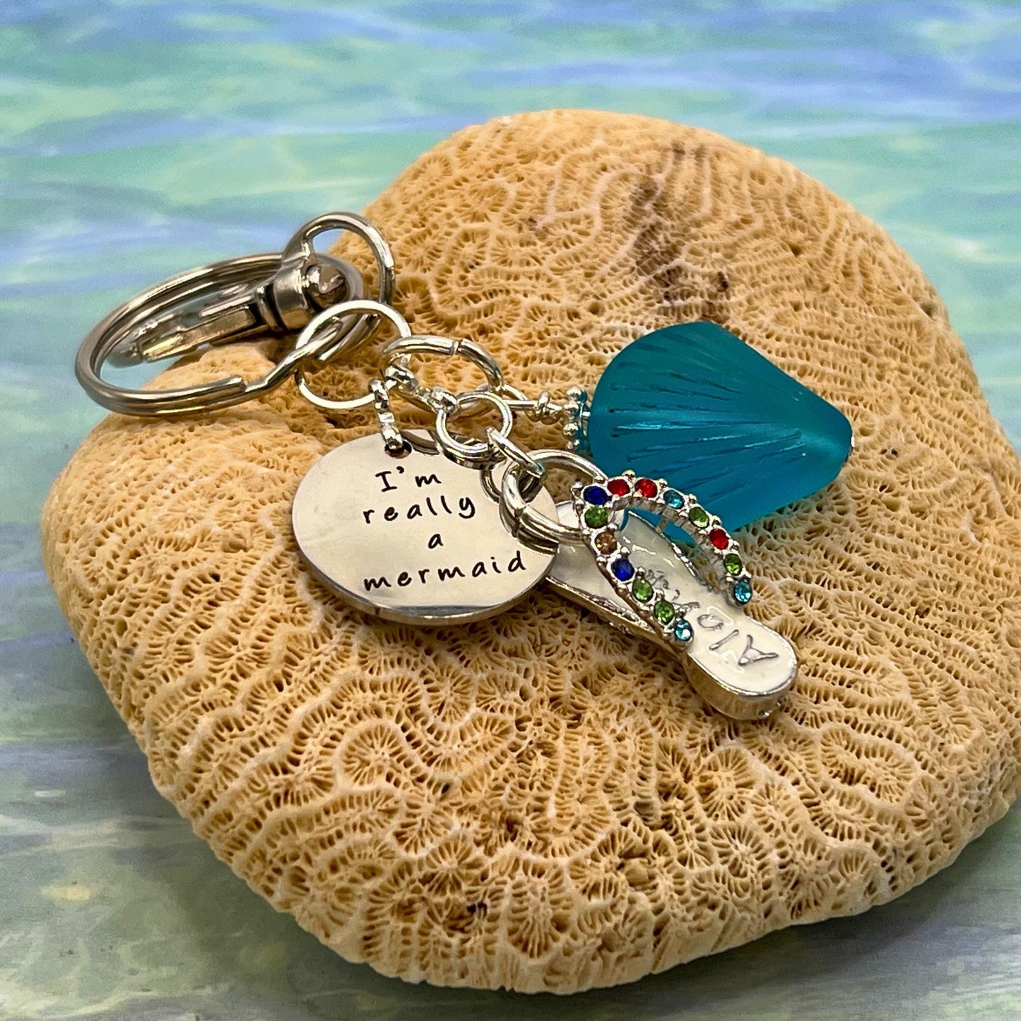 Sea Glass Keychain – Flip Flop & Beach Quote Charm, Coastal Gift for Her (Keychain or Car Charm)