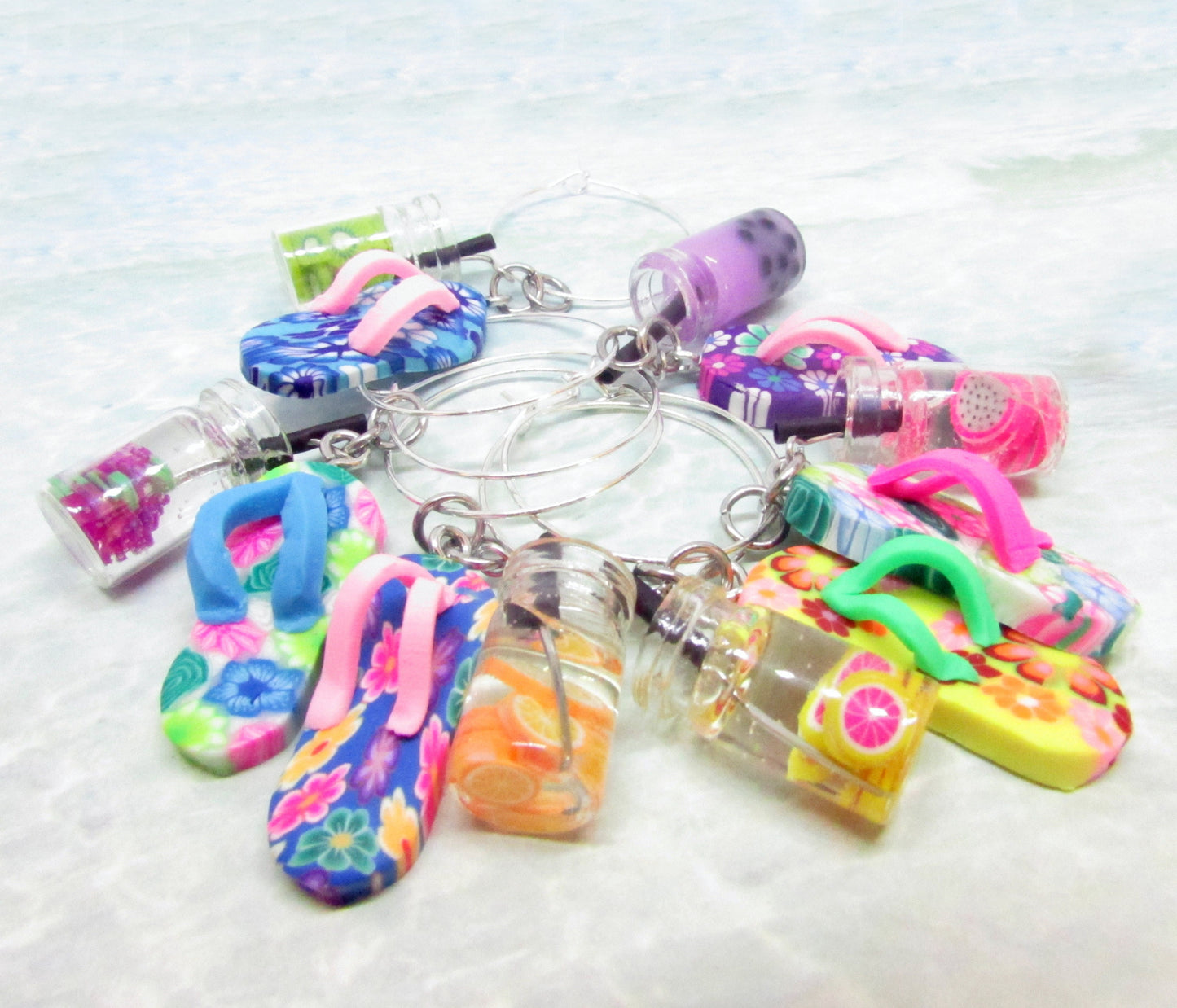 Tropical Wine Glass Charms – Flip Flop & Tropical Drink Beach Party Favors (Set of 4 or 6)