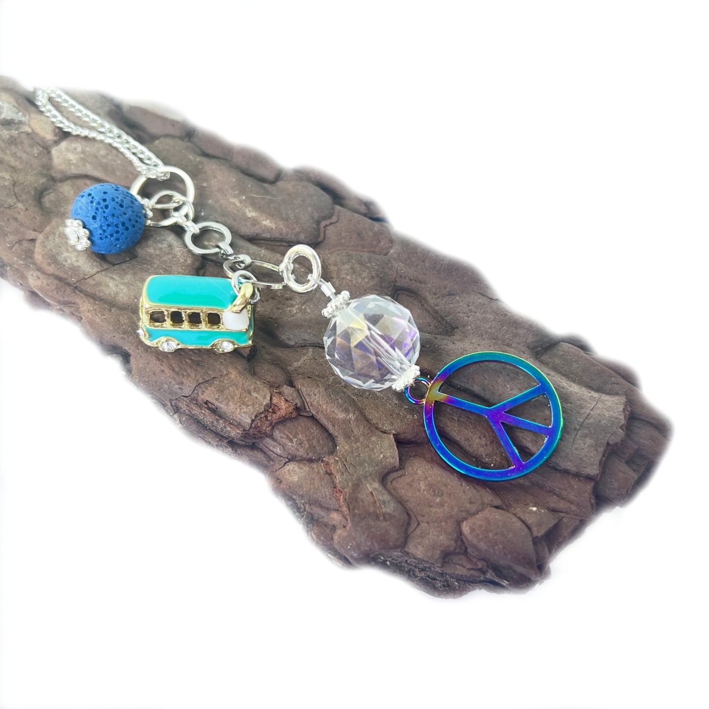 Peace Sign Car Charm – Boho Rear View Mirror Diffuser with Lava Bead & Retro Bus Charm