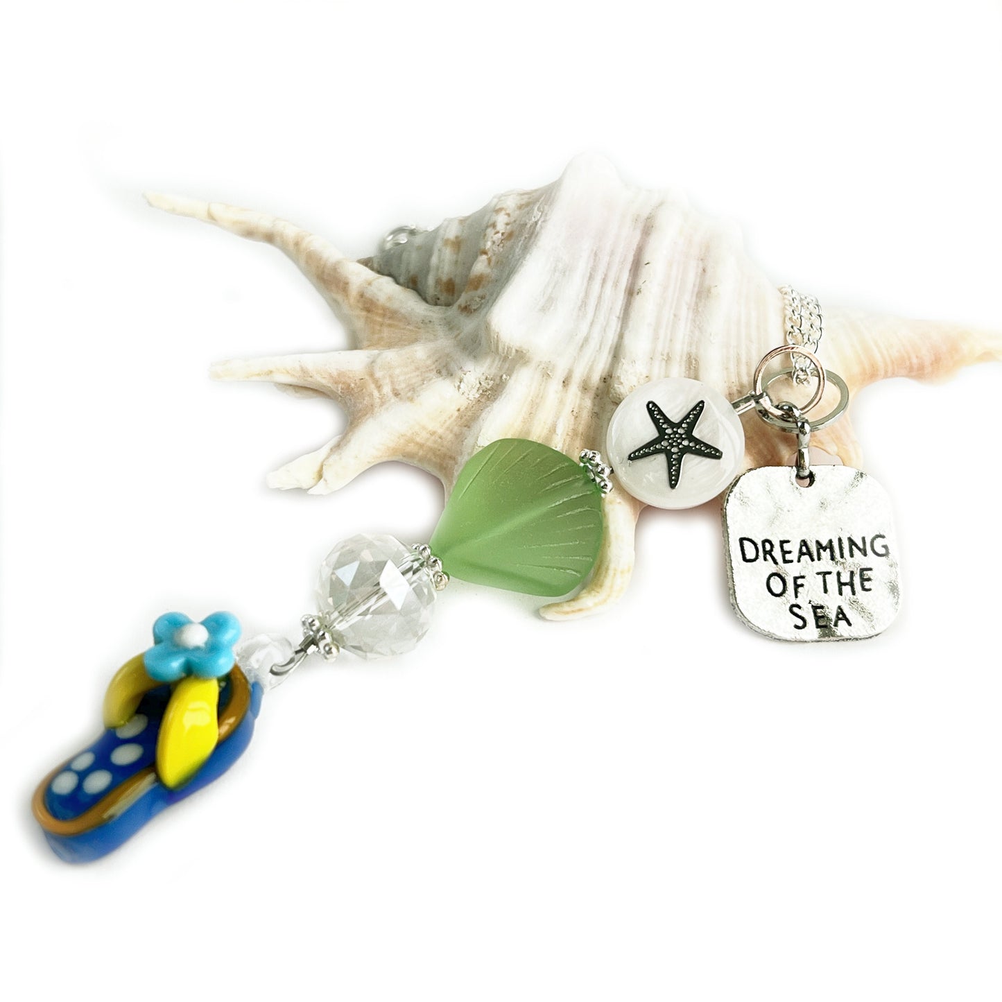 Sea Glass Car Charm – Flip Flop & Starfish Rear View Mirror Ornament with Beach Quote