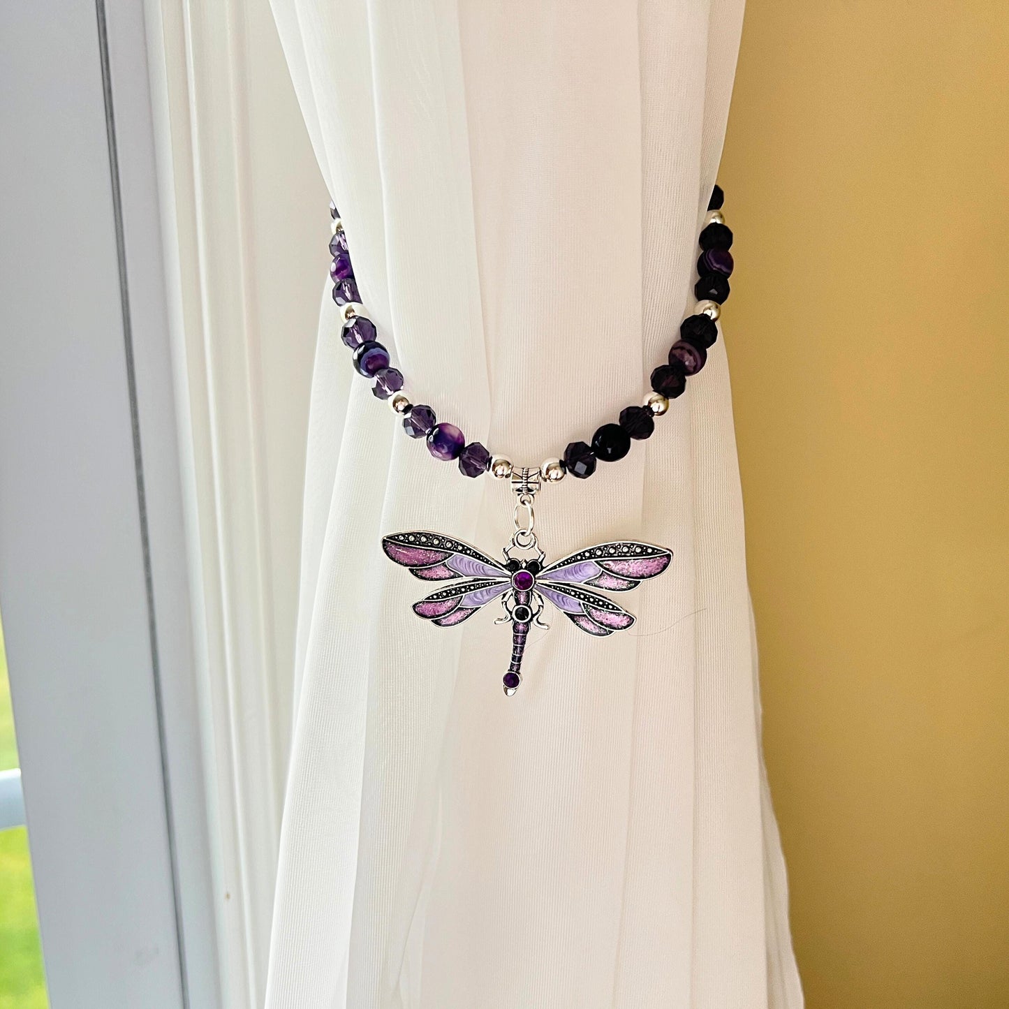 Purple Dragonfly Curtain Tiebacks – Beaded Shabby Chic Girls Room Decor, Handmade Set of 2