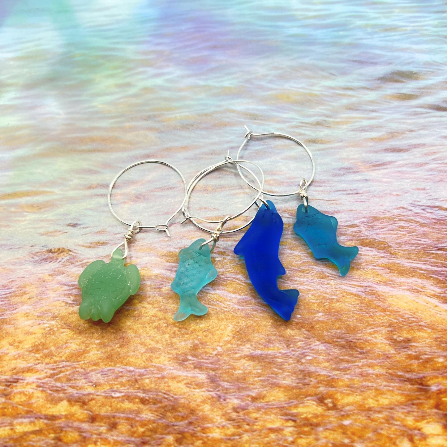 Sea Glass Wine Glass Charms – Coastal Drink Markers, Beach Party Decor, Set of 4