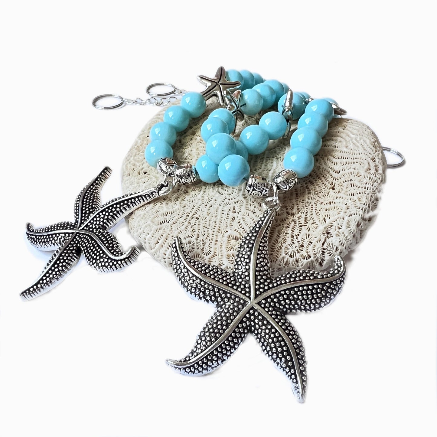 Starfish Curtain Tiebacks – Sea Green Beaded Coastal Shabby Chic Decor, Set of 2