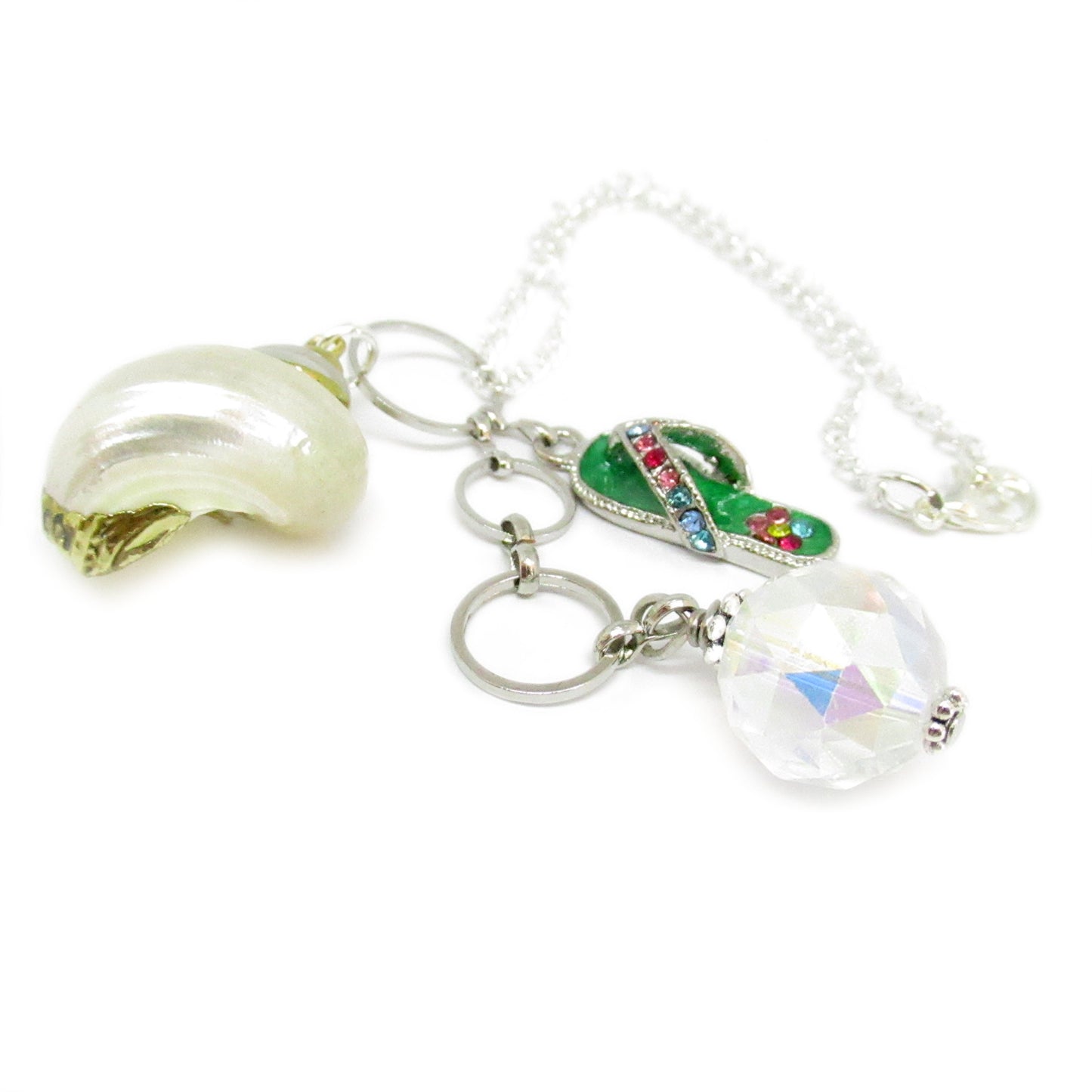 Seashell Car Charm – Beach Rearview Mirror Dangle with Flip Flop & Crystal, New Driver Gift