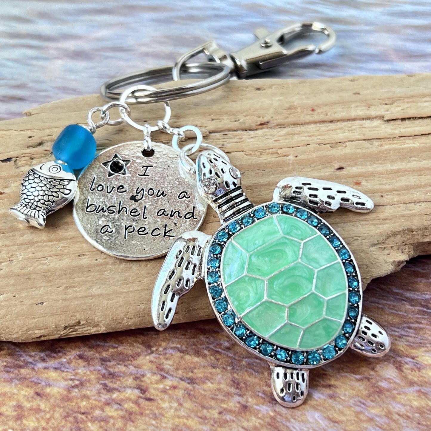 Sea Turtle Keychain with Love Quote Charm – Enamel Ocean Purse Charm & Nautical Keyring Gift