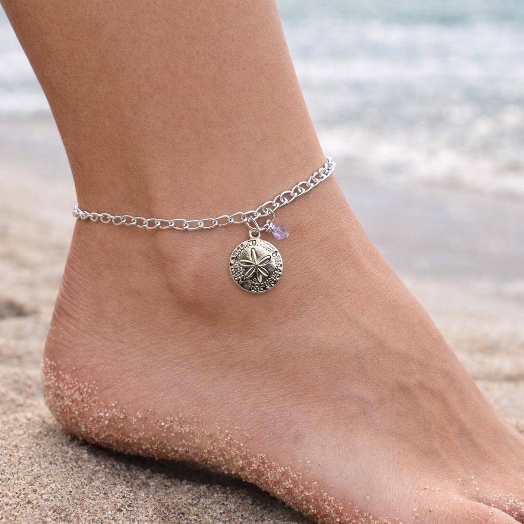 Sand dollar anklet with purple crystal charm — handmade coastal beach jewelry