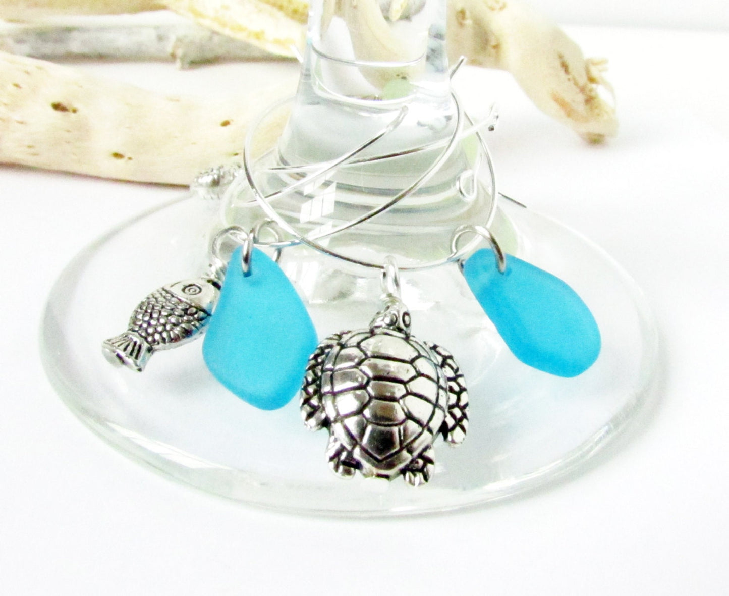 Beach Wine Charms – Sea Glass & Shell Set of 4, Coastal Hostess Gift for Wine Lovers