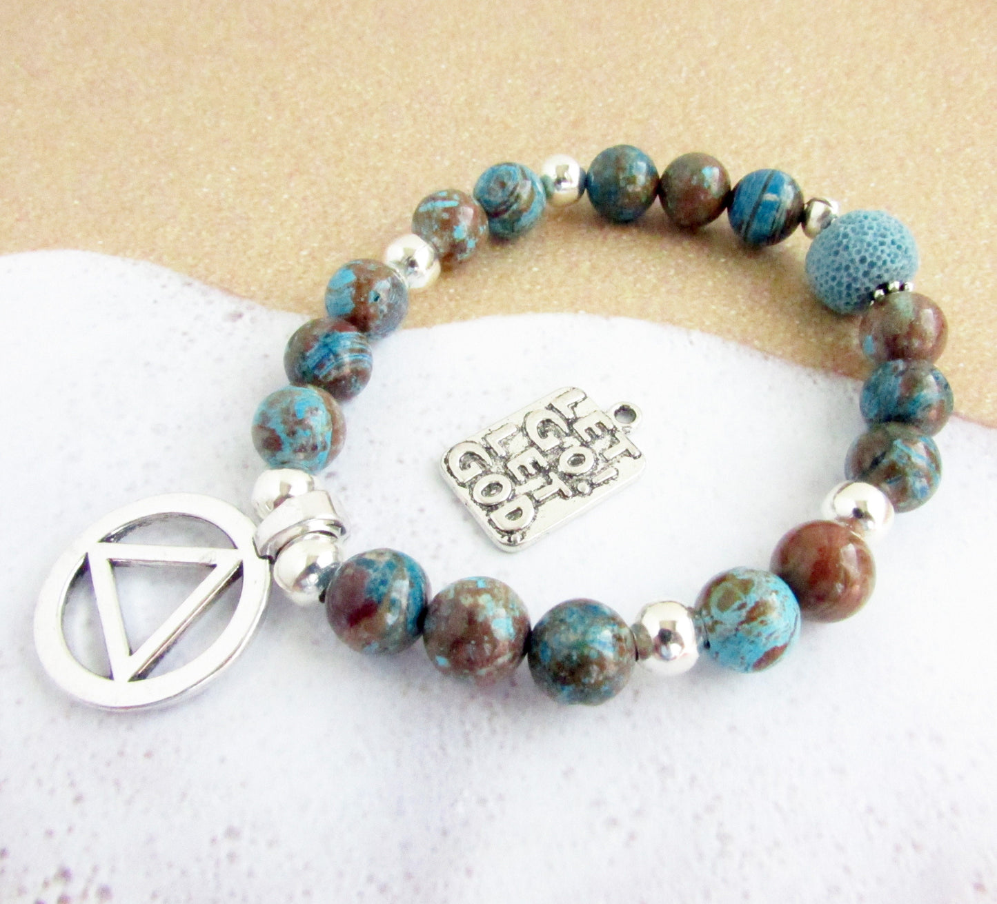 AA Sobriety Bracelet – Blue Crazy Lace Agate & Lava Bead Recovery Jewelry with AA Symbol or Let Go Let God Charm