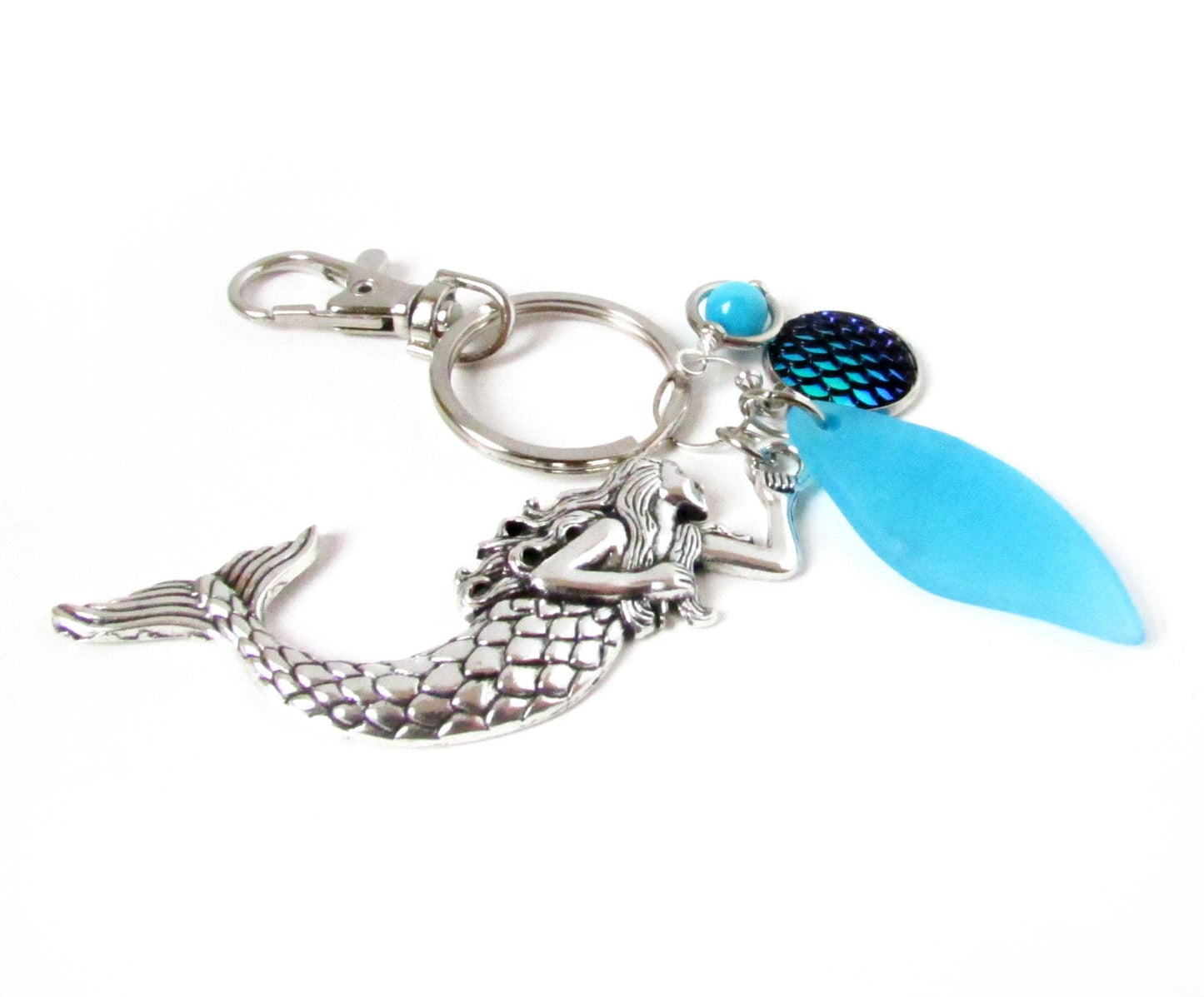 Detailed silver mermaid charm with sea glass bead, available as keychain or car charm