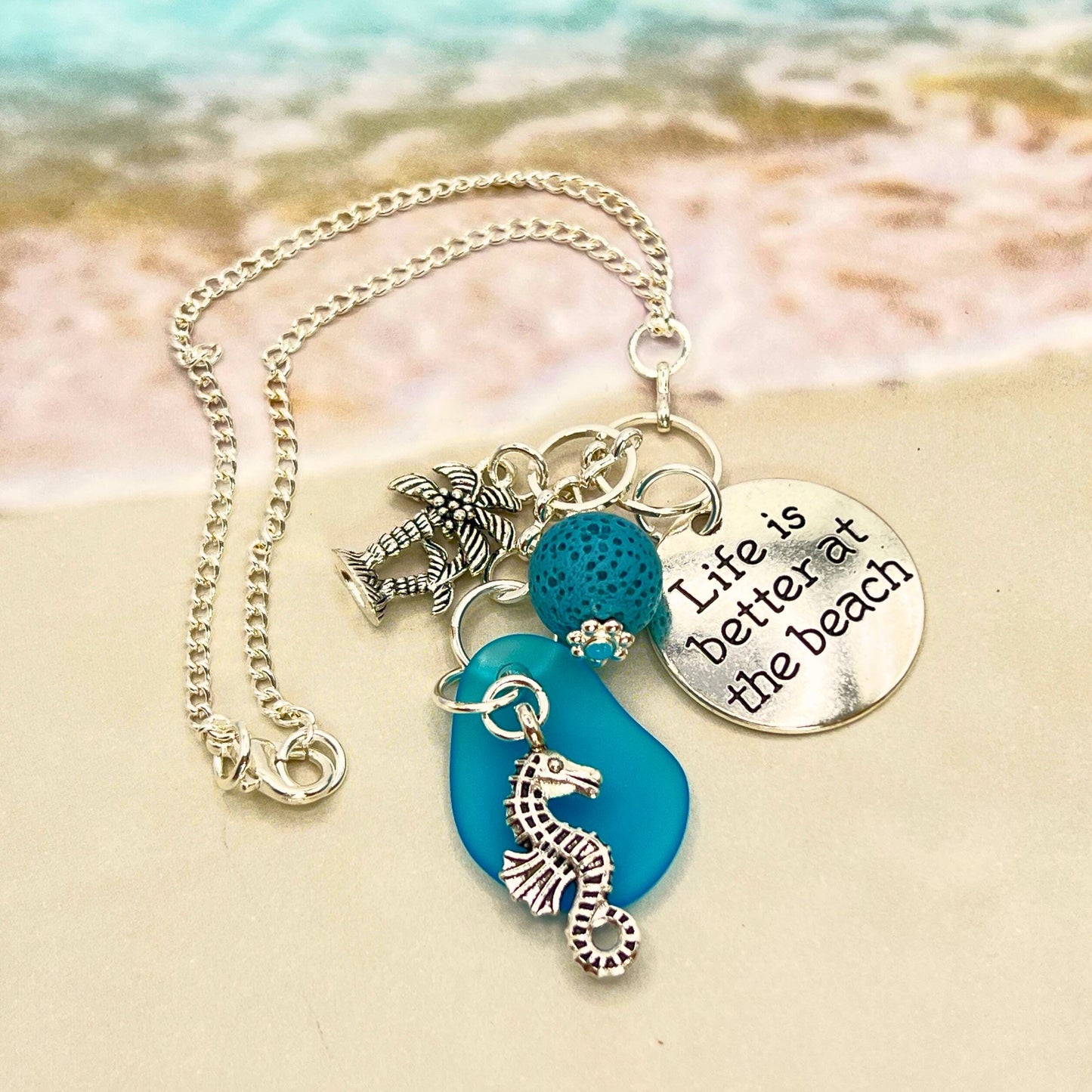 Sea Glass Rear View Mirror Charm – Tropical Beach Car Accessory with Sand Dollar & Sea Turtle