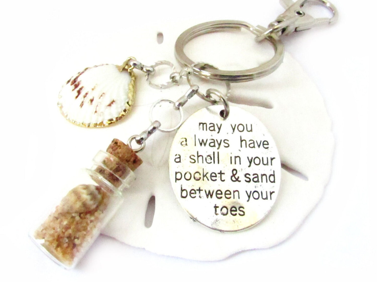 Seashell Keychain – Mermaid Charm, Beach Sand Bottle & Quote (Keychain or Car Charm)