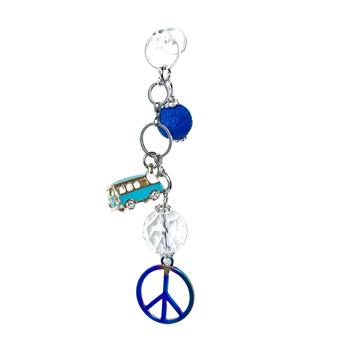 Peace Sign Car Charm – Boho Rear View Mirror Diffuser with Lava Bead & Retro Bus Charm