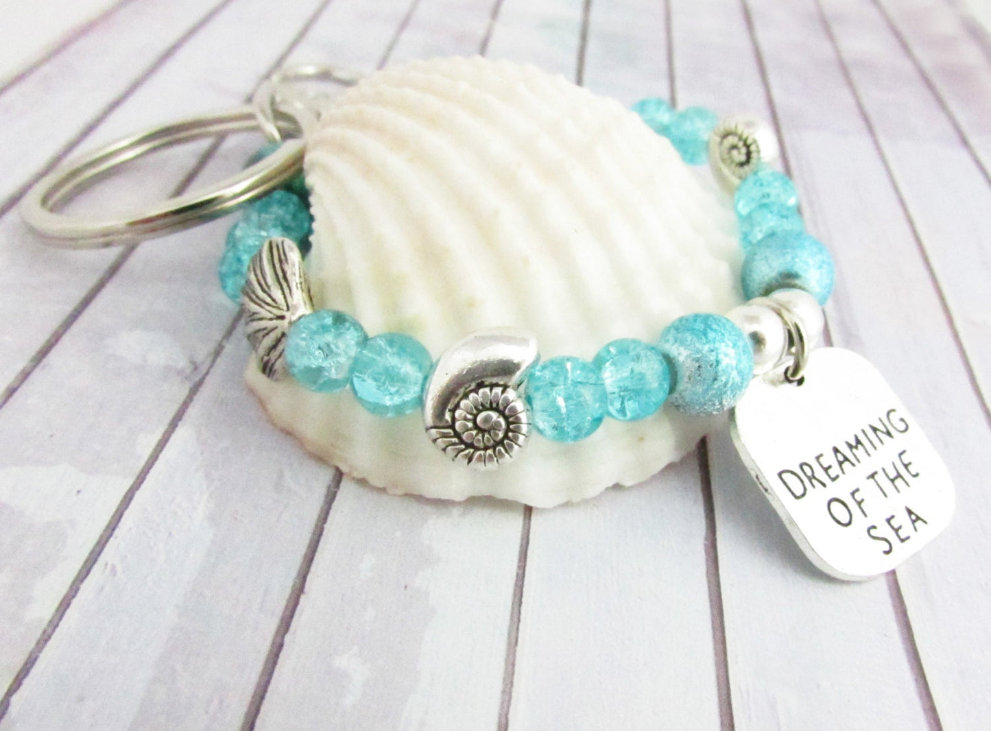 Aqua Beaded Keychain Bracelet – Shell Charm Wristlet Keyring, Coastal Beach Gift for Her
