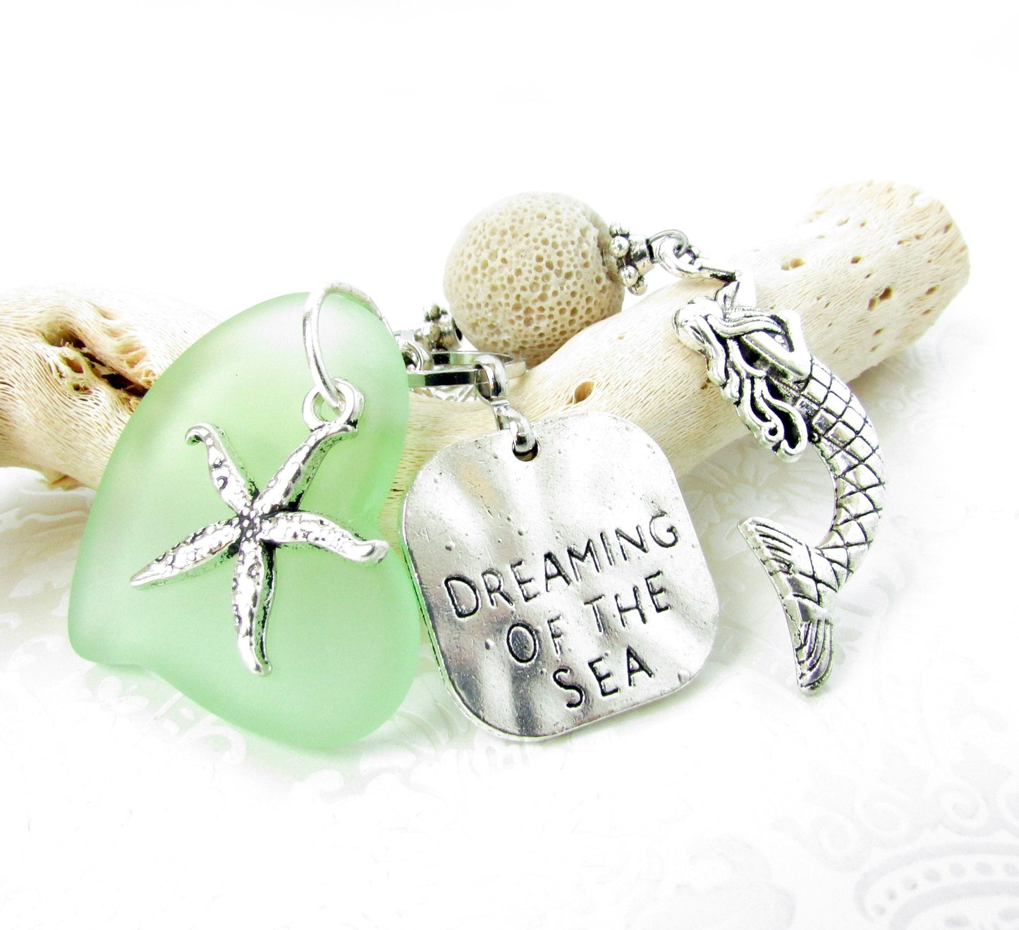 Mermaid Car Charm – Sea Glass Heart & Lava Bead Rear View Mirror Diffuser, Coastal Beach Gift