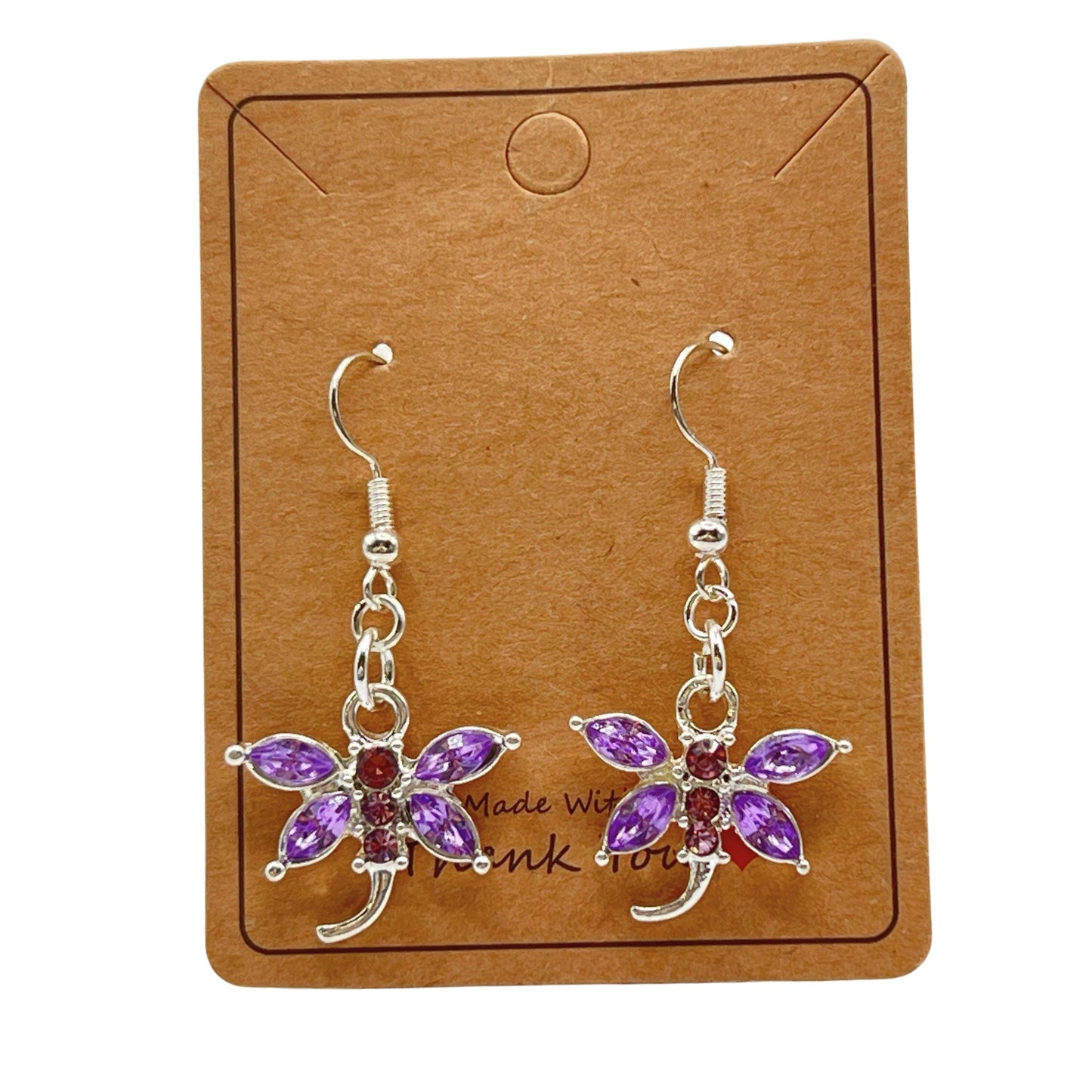 Dragonfly Earrings – Pink or Purple Crystal Rhinestone Dangle, Whimsical Handmade Gift for Her