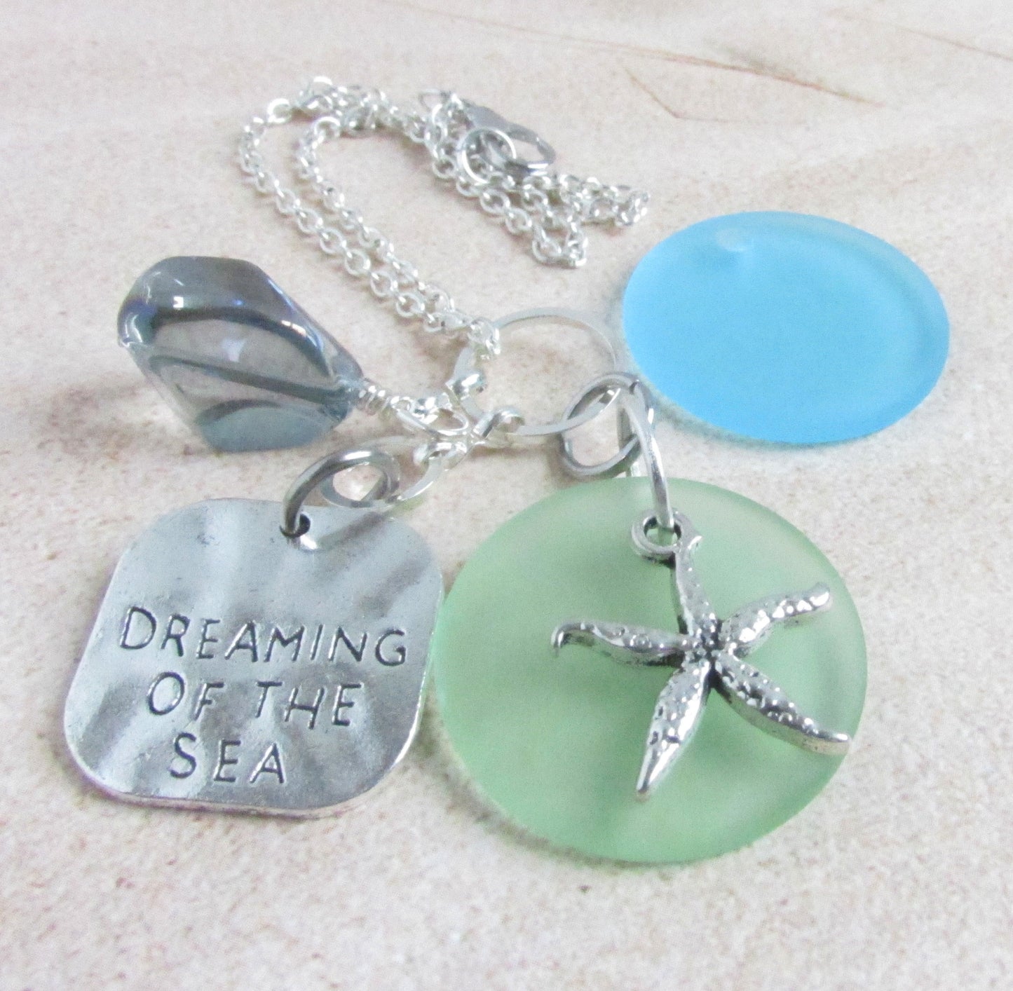 Starfish Car Charm – Sea Glass Rear View Mirror Ornament with Beach Quote