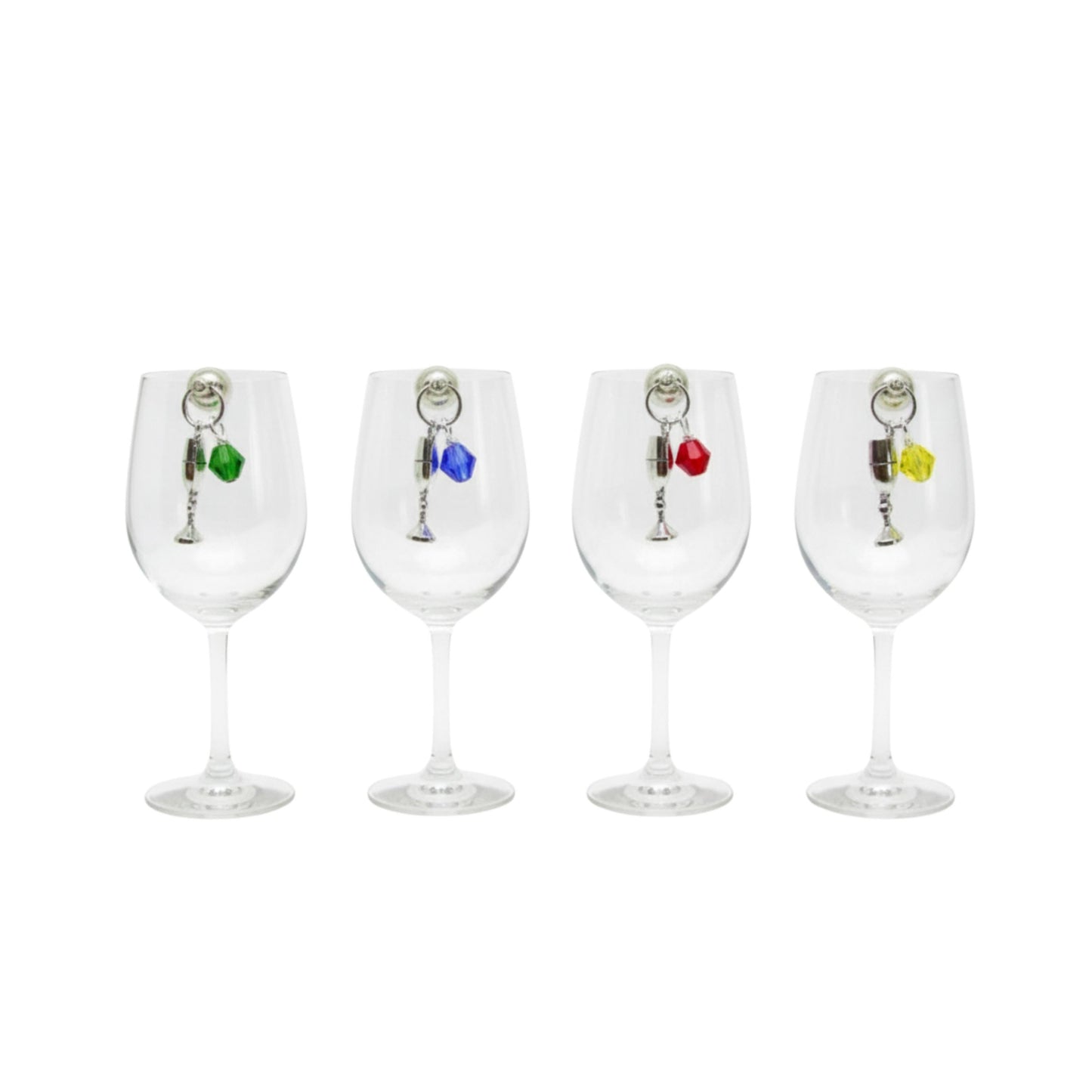 Handmade magnetic wine glass charms with sparkling faceted crystal beads in vibrant colors, set of 4 for stemless glassware