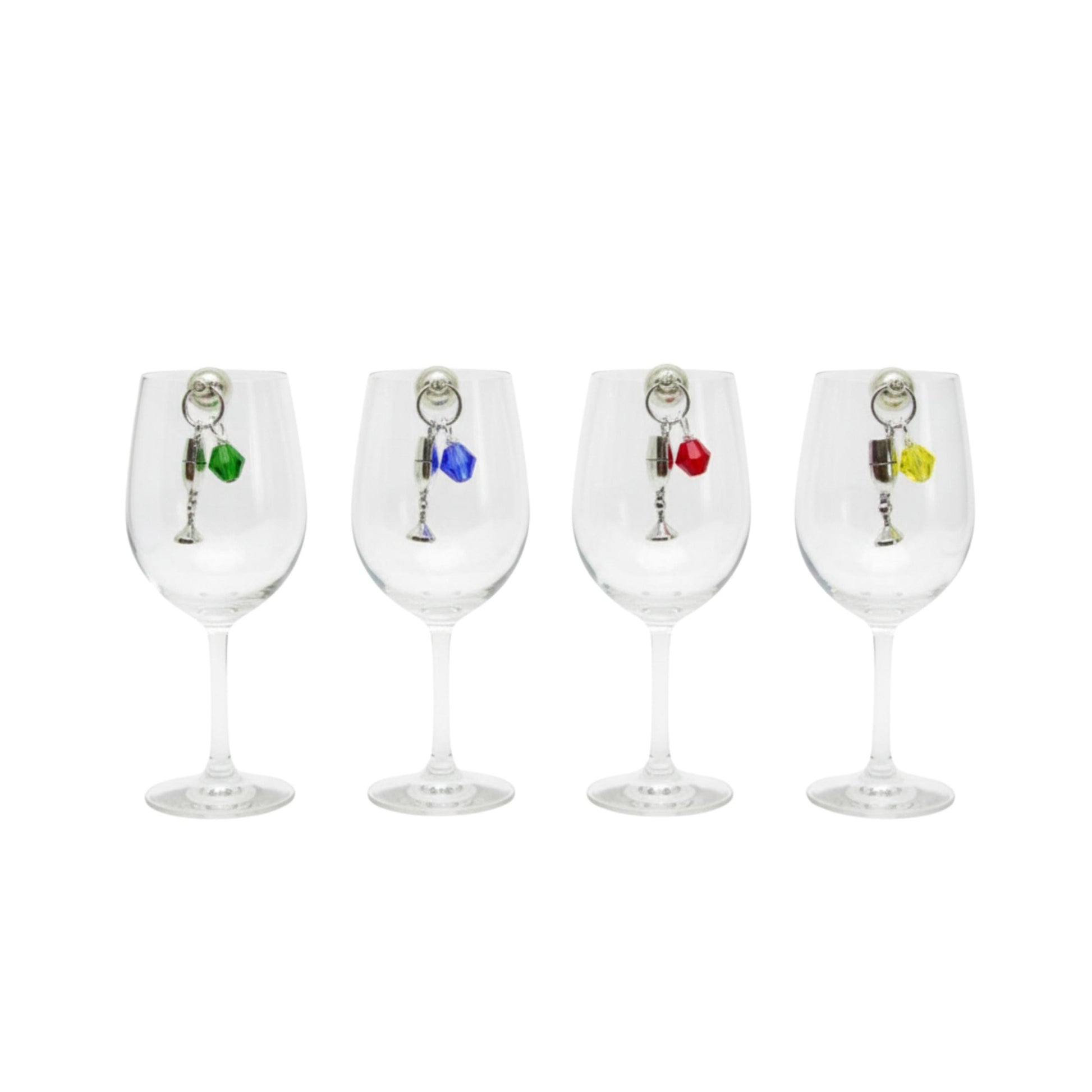 Handmade magnetic wine glass charms with sparkling faceted crystal beads in vibrant colors, set of 4 for stemless glassware