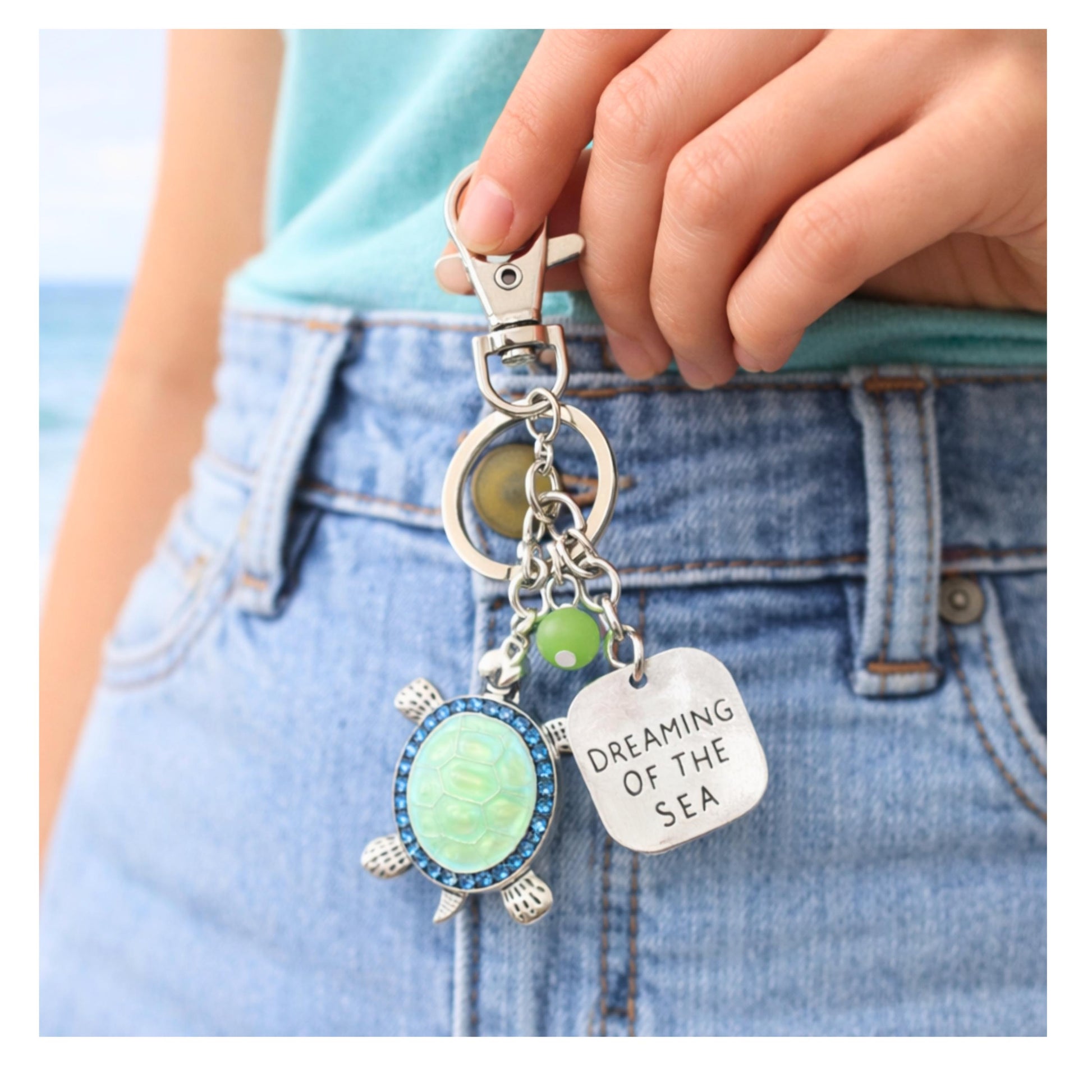 Rhinestone sea turtle charm keychain — handmade coastal beach lover gift