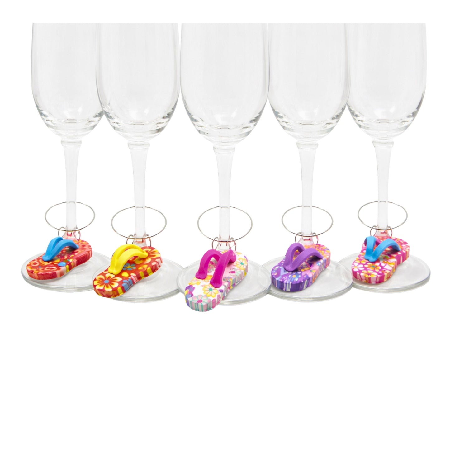 Colorful handmade polymer clay flip flop wine glass charms in multiple colors, beach party favors