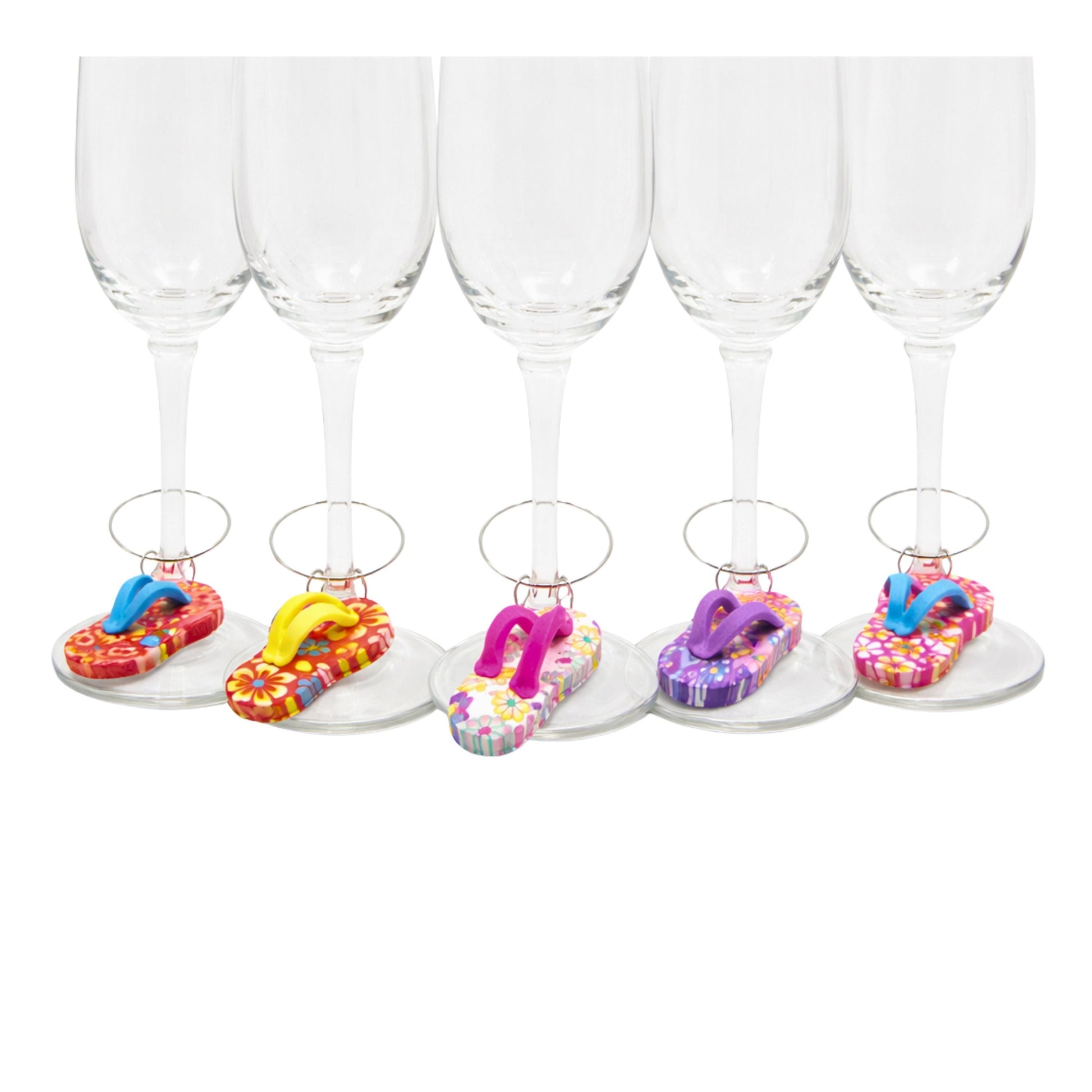 Colorful handmade polymer clay flip flop wine glass charms in multiple colors, beach party favors