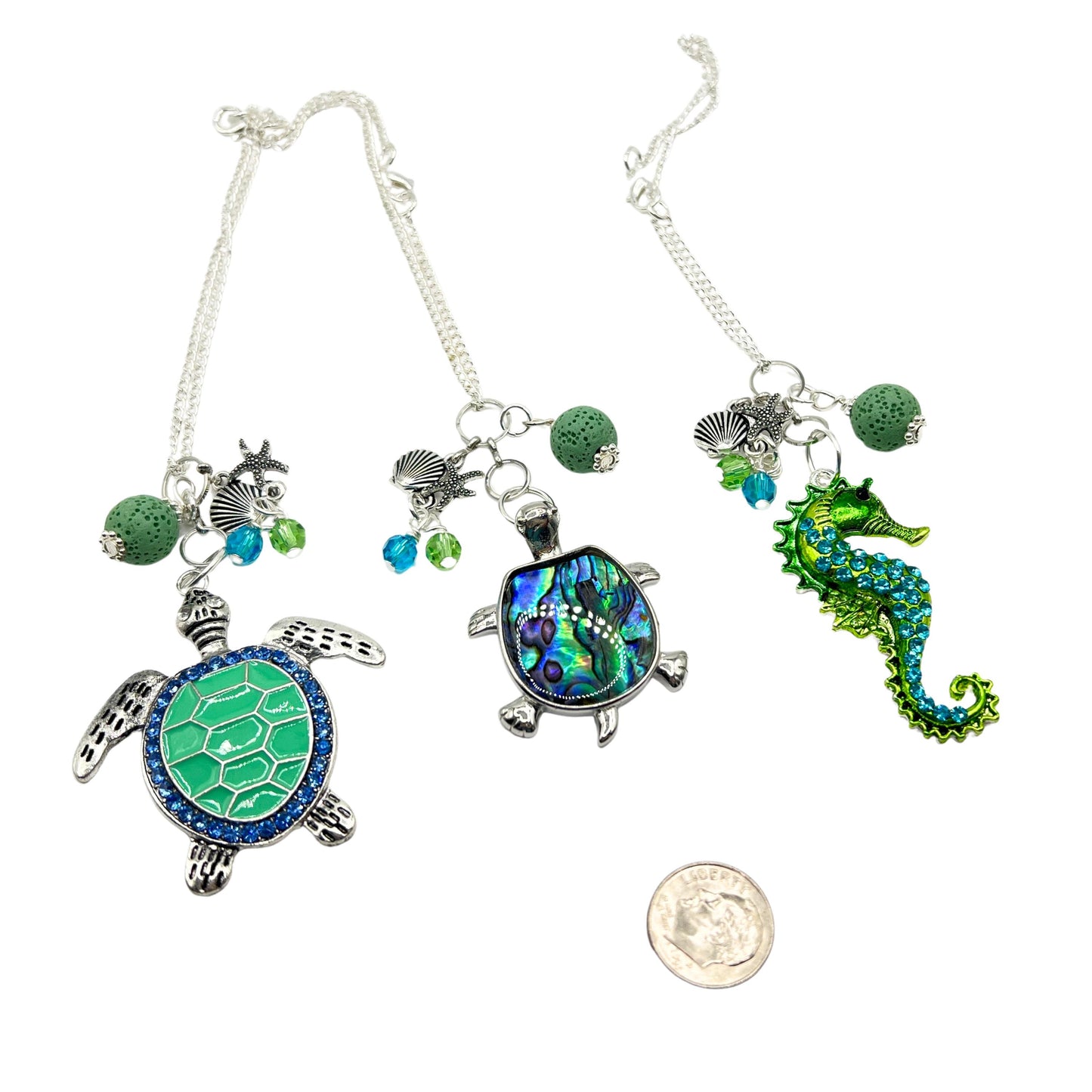 Sea Turtle Car Charm – Rhinestone Rear View Mirror Diffuser with Green Lava Bead, Choose Your Design