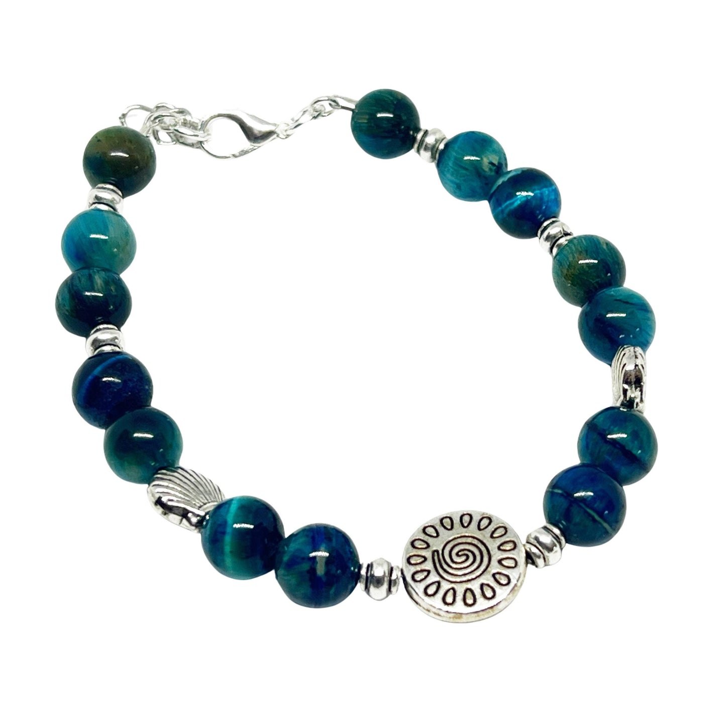 Blue Tiger Eye & Shell Bracelet – Gemstone Coastal Jewelry, Courage & Clarity Gift for Her