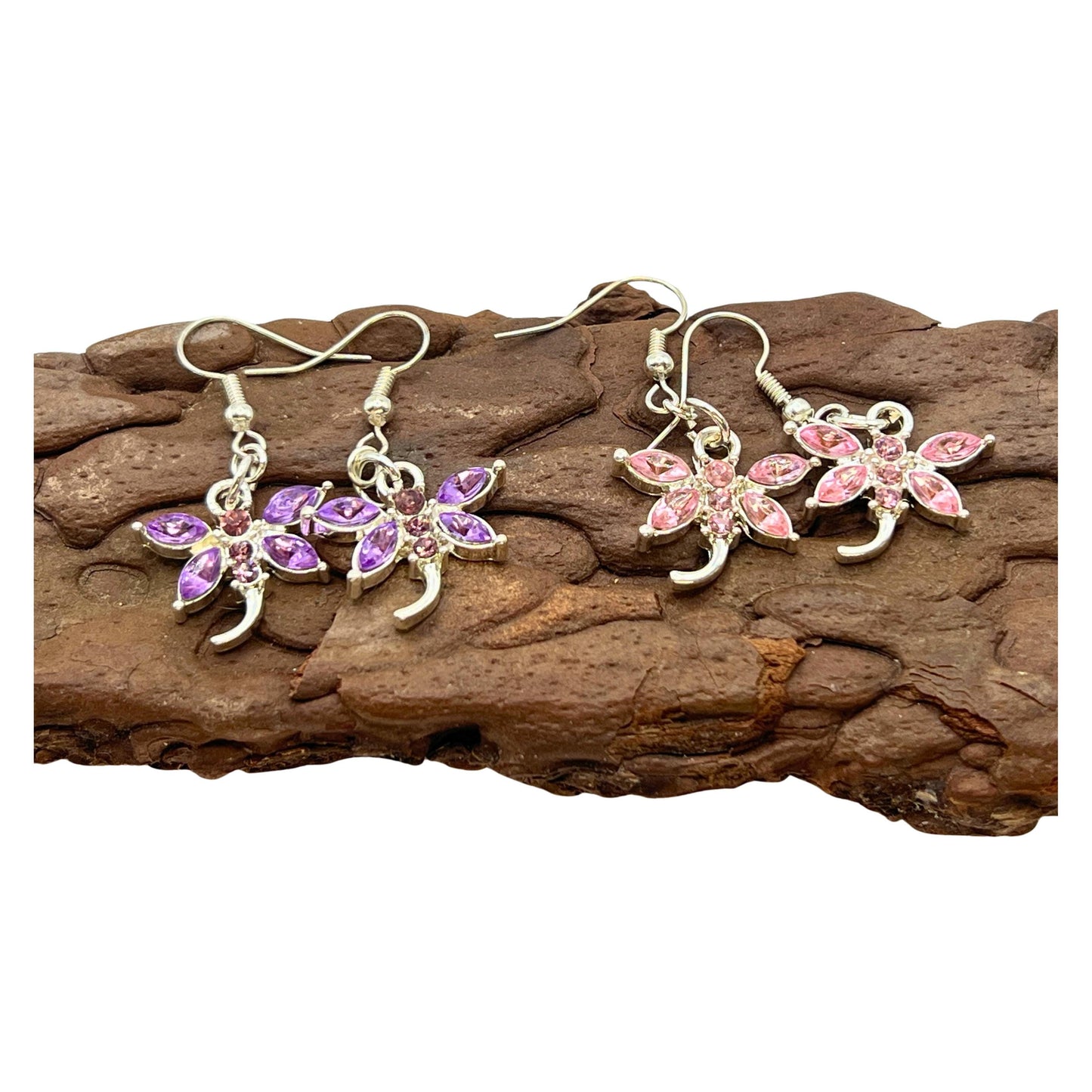 Dragonfly Earrings – Pink or Purple Crystal Rhinestone Dangle, Whimsical Handmade Gift for Her